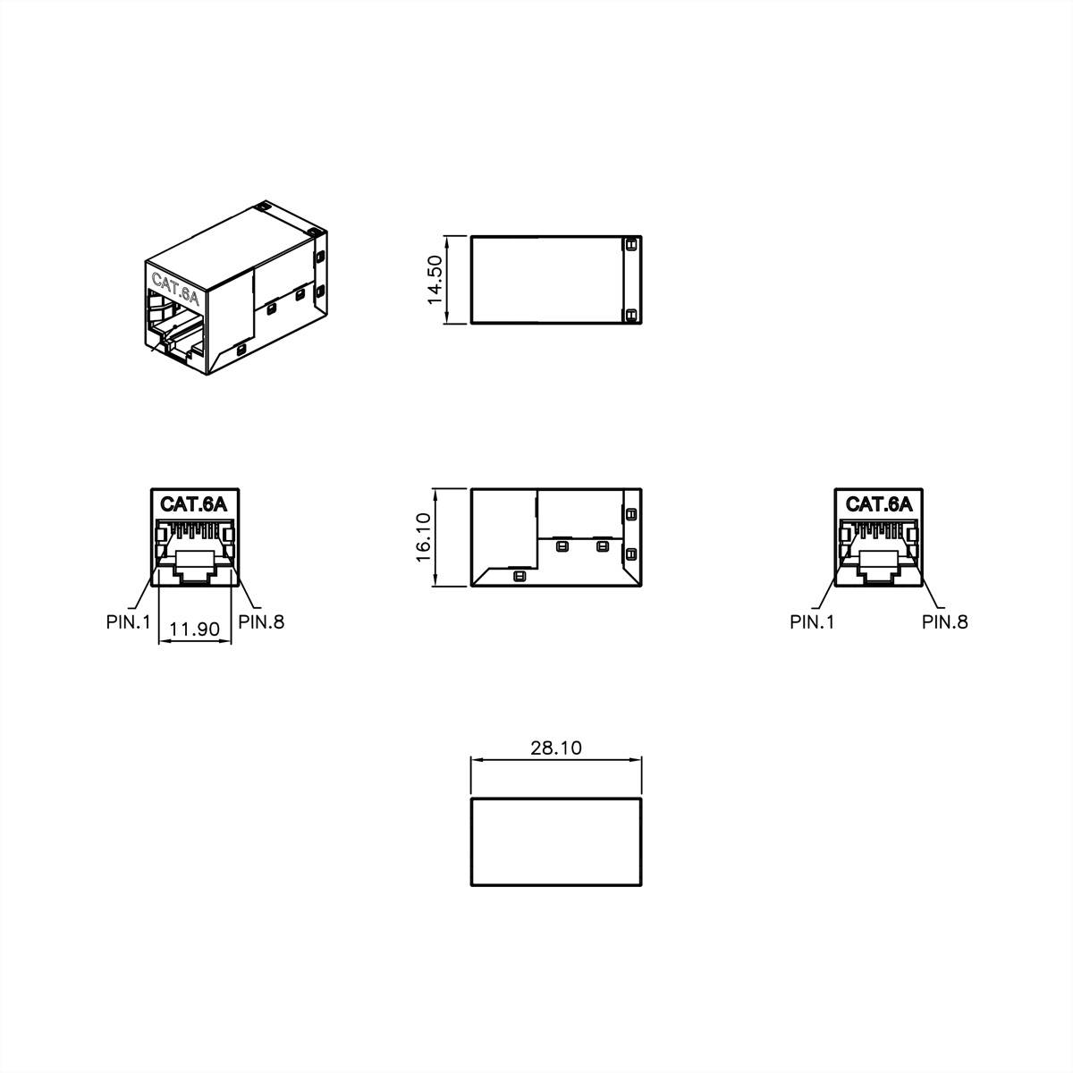 Roline RJ-45 Kupplung geschirmt, Cat.6A (Class EA), silberfarben