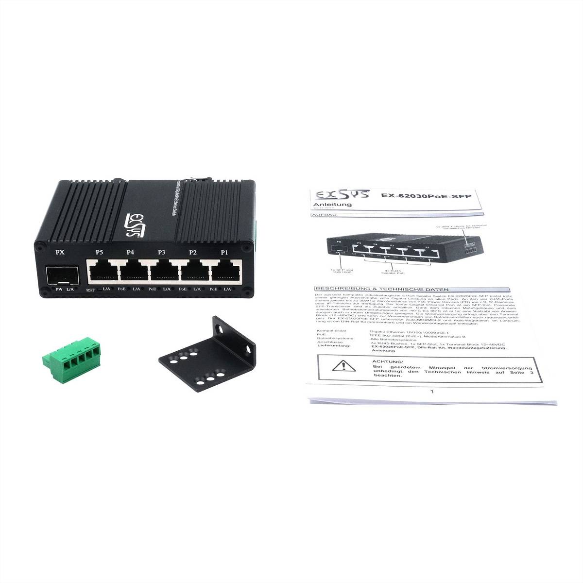 EXSYS EX-62030MPoE-SFP-5+1 Port Industrial Gigabit SFP PoE+ Mini Switch, Web Managed Networking