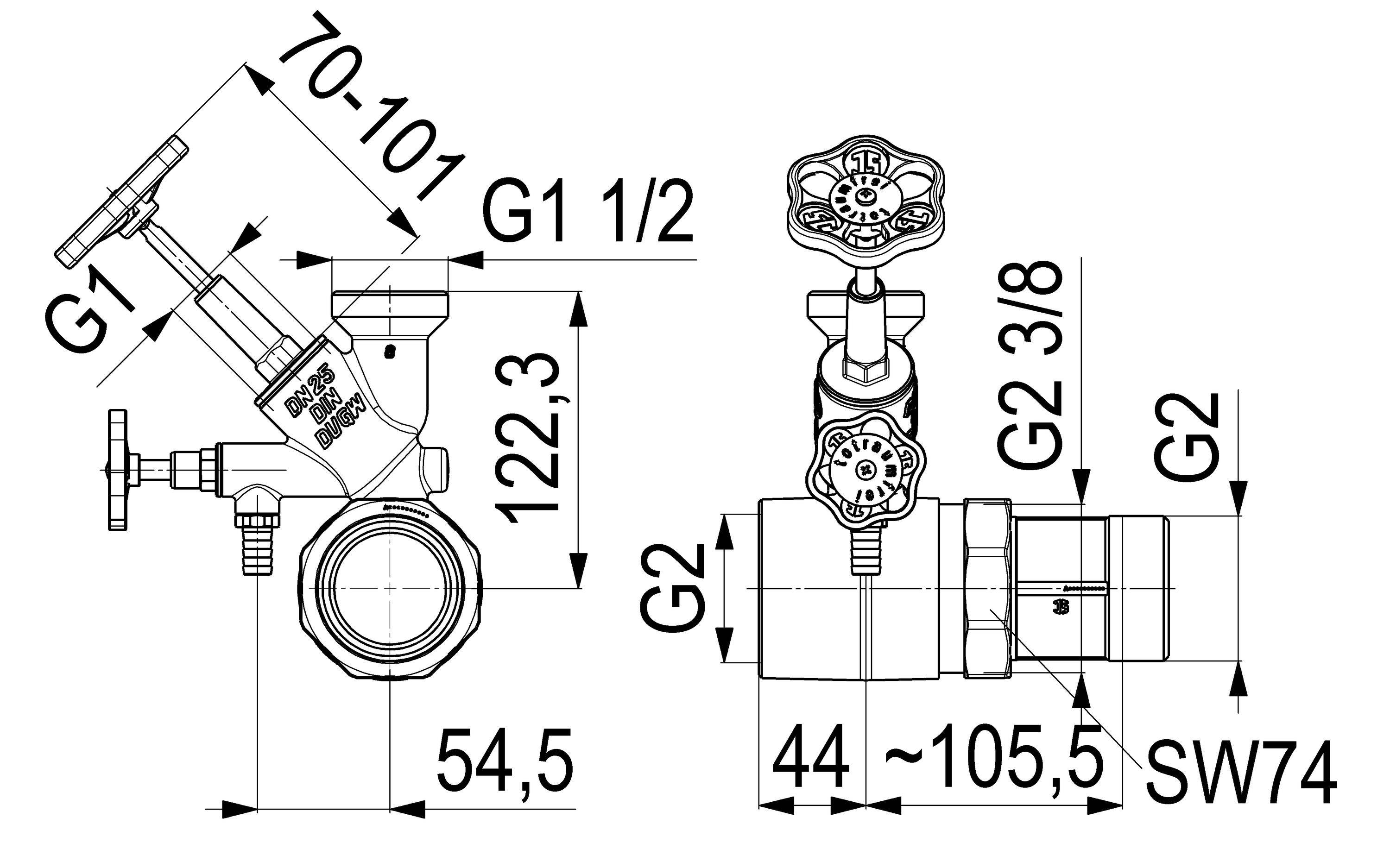 JS ABZWEIG-T-VENTIL, FREISTROM ST.SP, DN25, EING. 2", OB.A. 1 1/2"