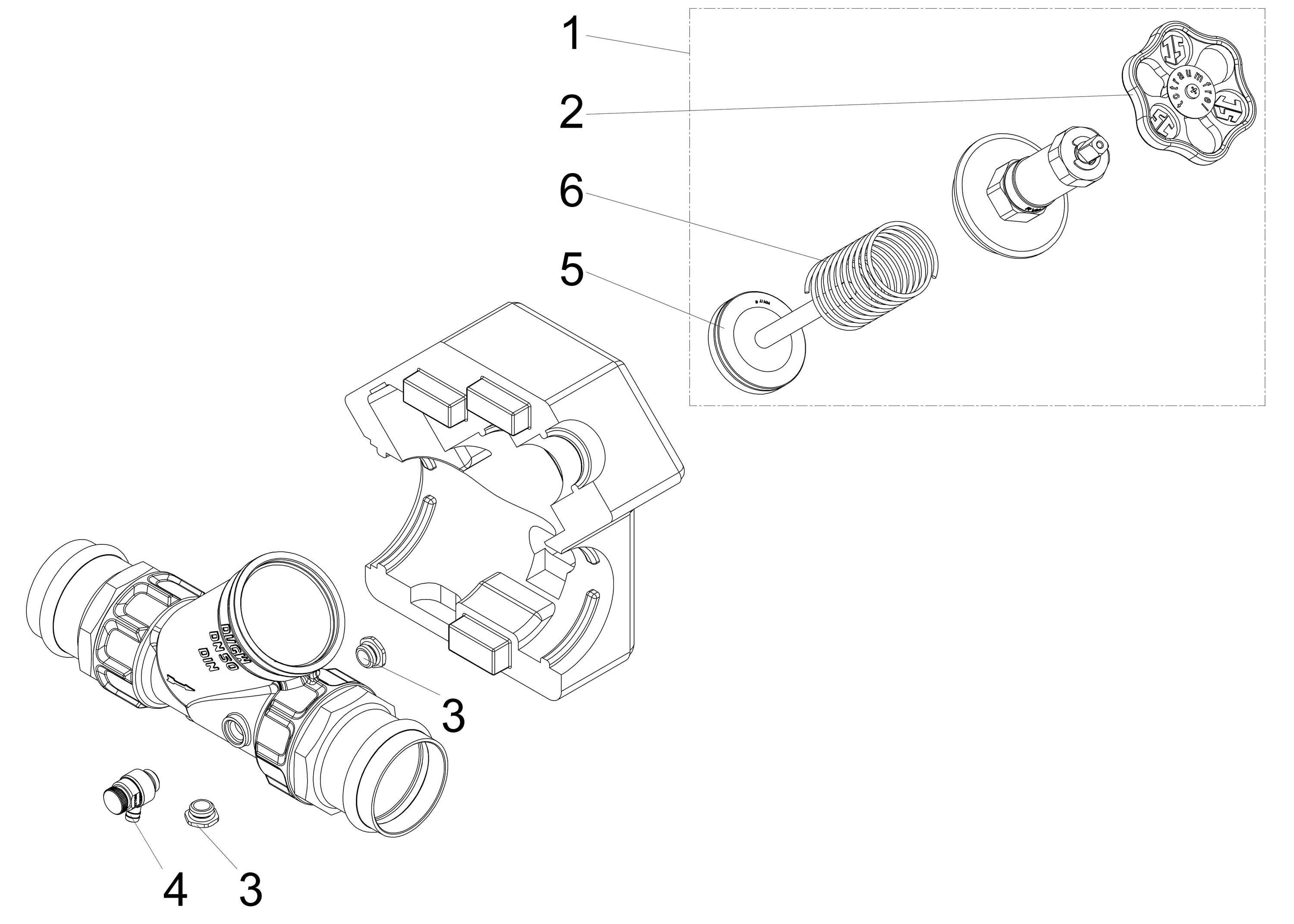 JS KFR-Ventil DN50, Pressanschluss 54 mm, Innengewinde, mit Entleerung und Dämmhülse, DVGW-geprüft