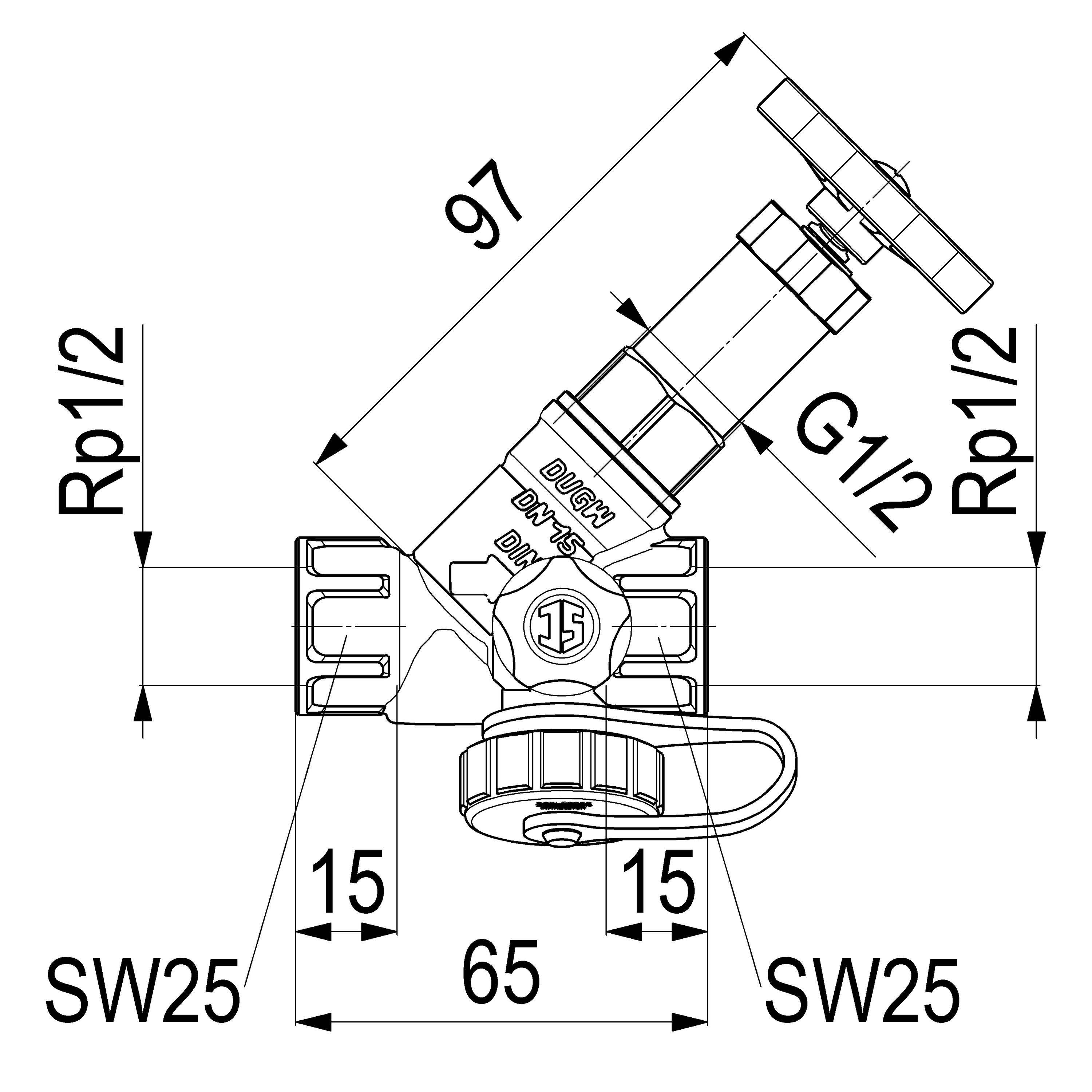 JS Freistromventil Muffenanschluss mit Entleerung, nicht steigende Spindel, DN15 1/2", Press-Messing, DVGW-geprüft
