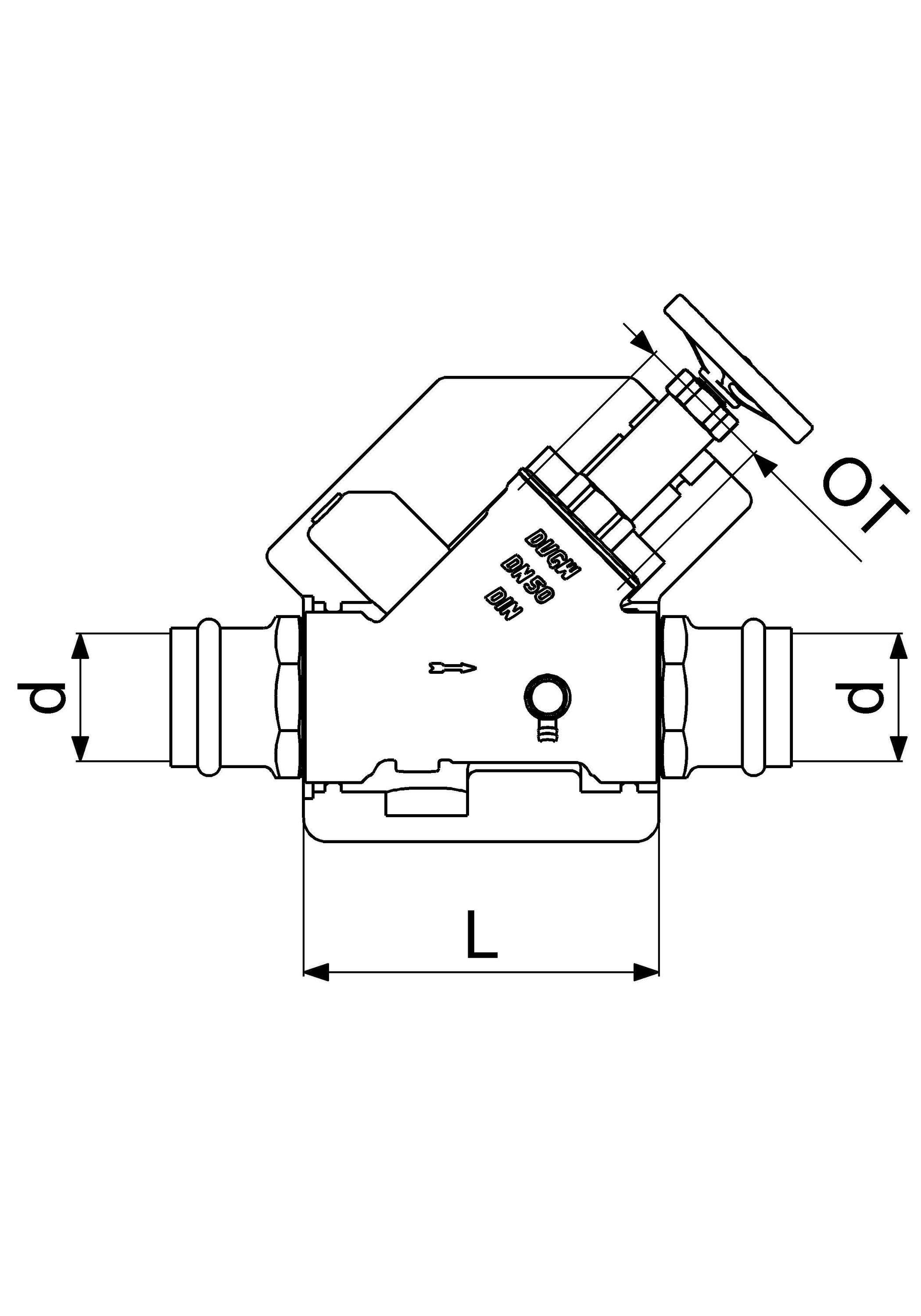 Schlösser Armaturen JS Freistromventil DN50, Pressanschluss 54 mm, Innengewinde, mit Entleerung und Dämmhülse