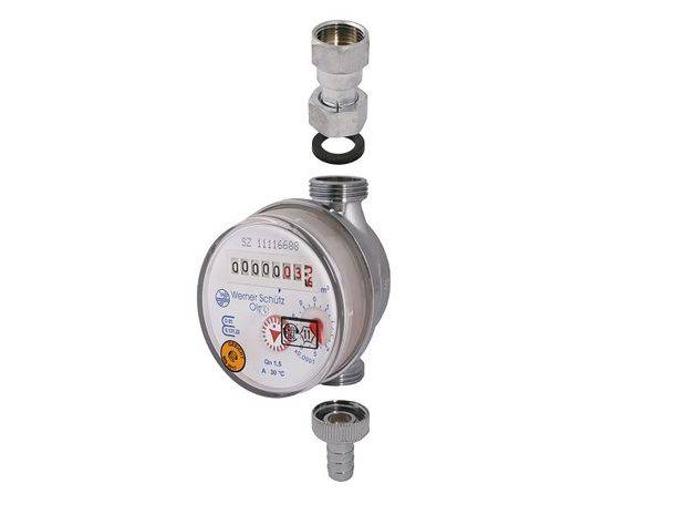 JS Zapfhahnzähler ZAK ohne Haube, Q3 2,5 m³/h, IG 3/4" - AG/Schlauch 1/2"