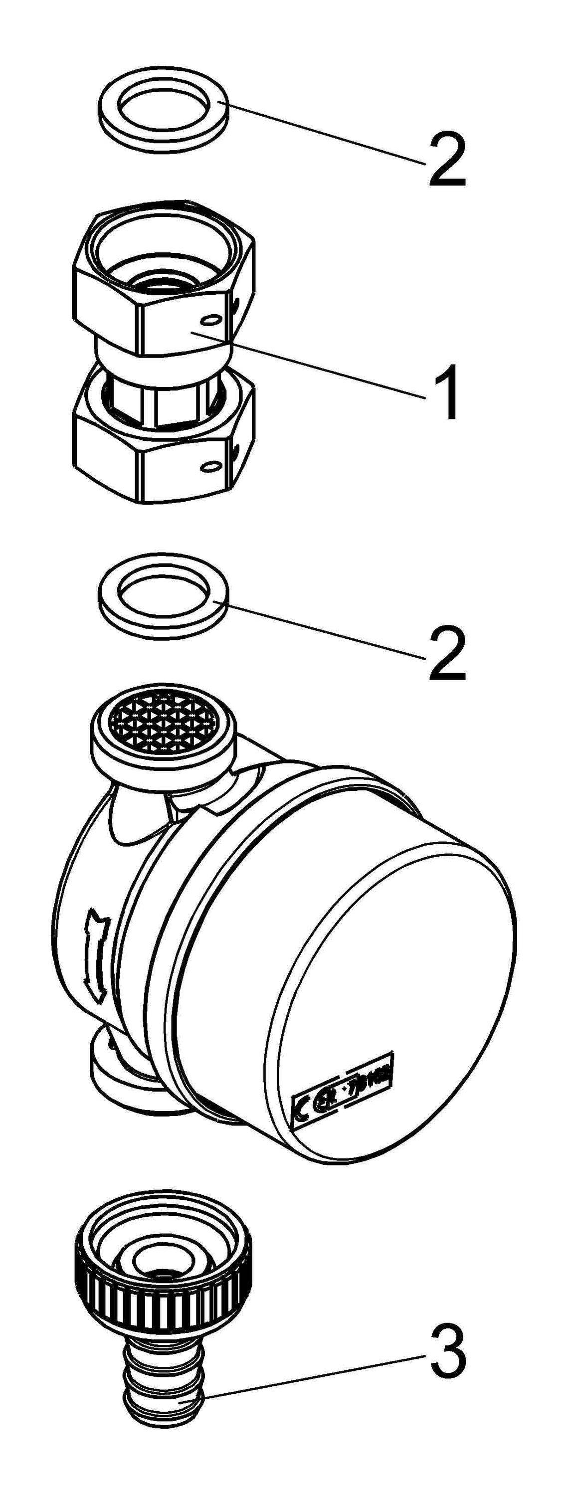JS Zapfhahnzähler ZAK ohne Haube, Q3 2,5 m³/h, IG 3/4" - AG/Schlauch 1/2"