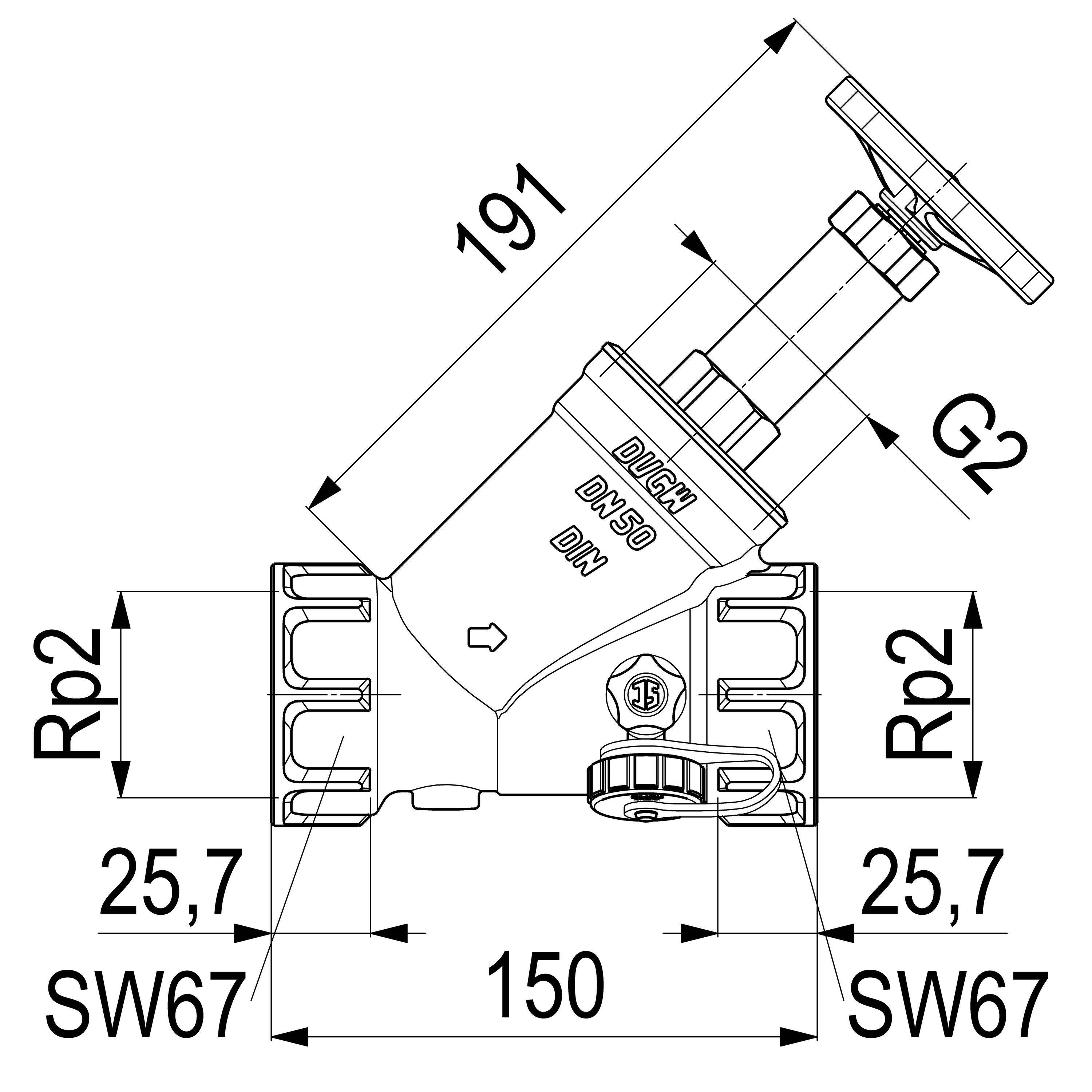 Schlösser Armaturen JS Freistromventil DN50 2" Muffenanschluss Press-Messing DVGW geprüft