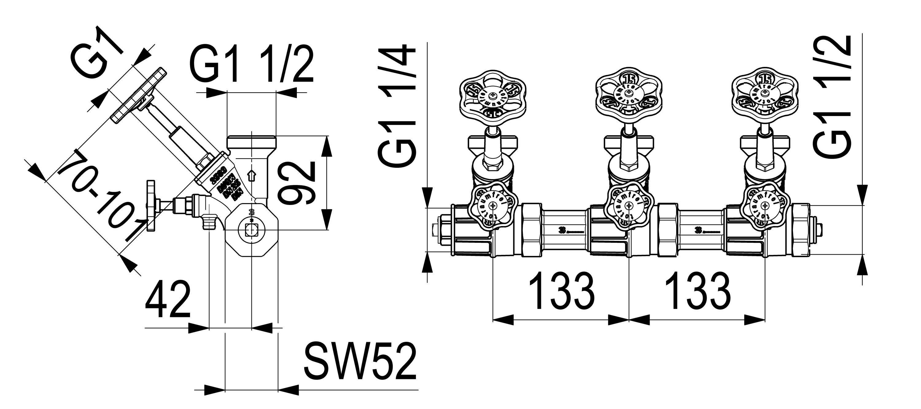 JS ATV-VERTEILER, STEIG.SPINDEL 3-FACH,DN25,EING.1 1/4,OB.A.1 1/2
