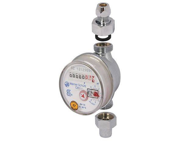 Schlösser Waschtischzähler Bauart WETK, für KW bis 30 Grad C, Q3 2,5m3/h, Eingang 3/8" AG, Ausgang mit Quetschverschr.