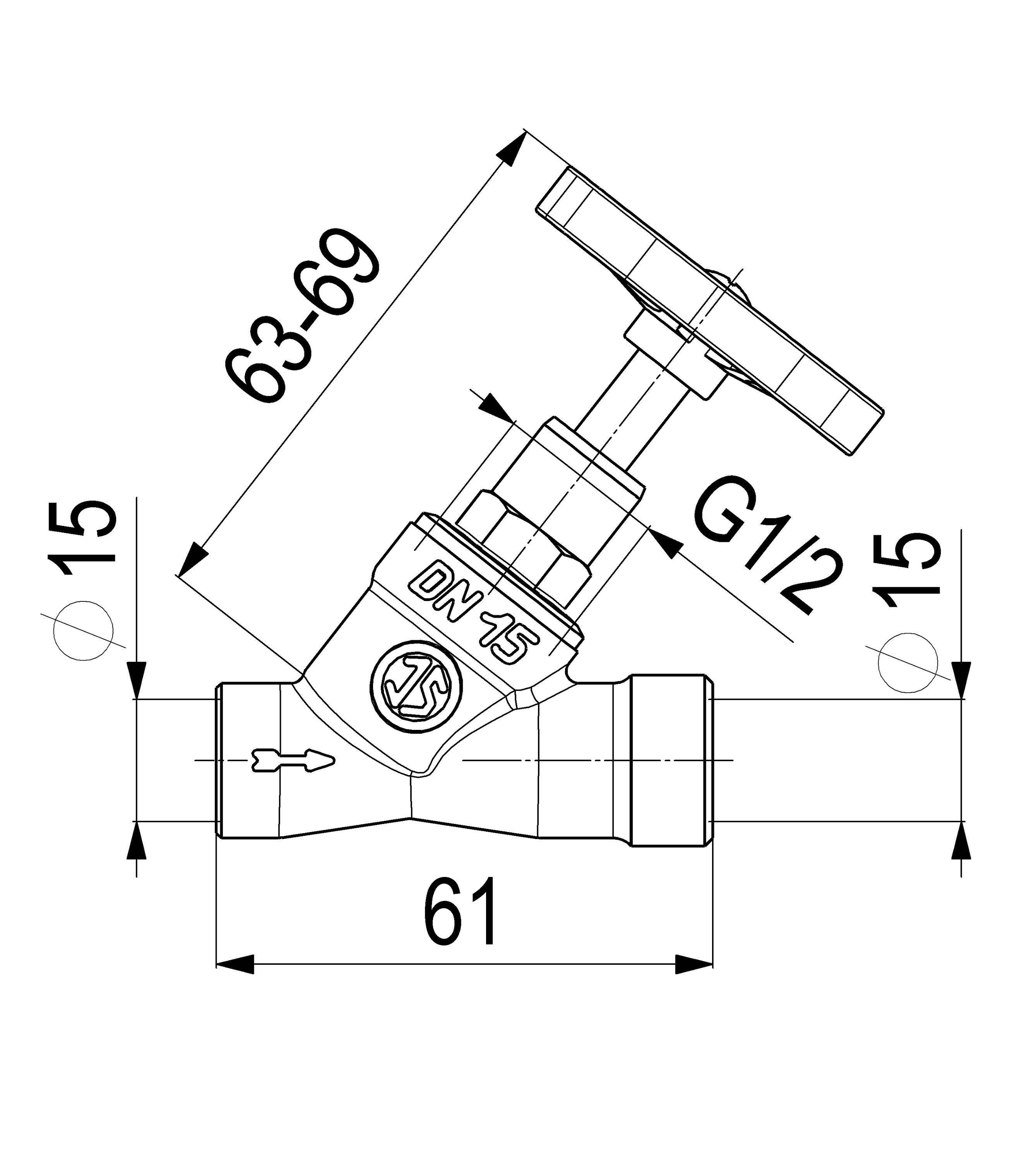 Schlösser Armaturen JS SCHRAEGSITZVENTIL,O.ENTLEERUNG O.VERSCHR.,STEIG.SP.,DN15,
