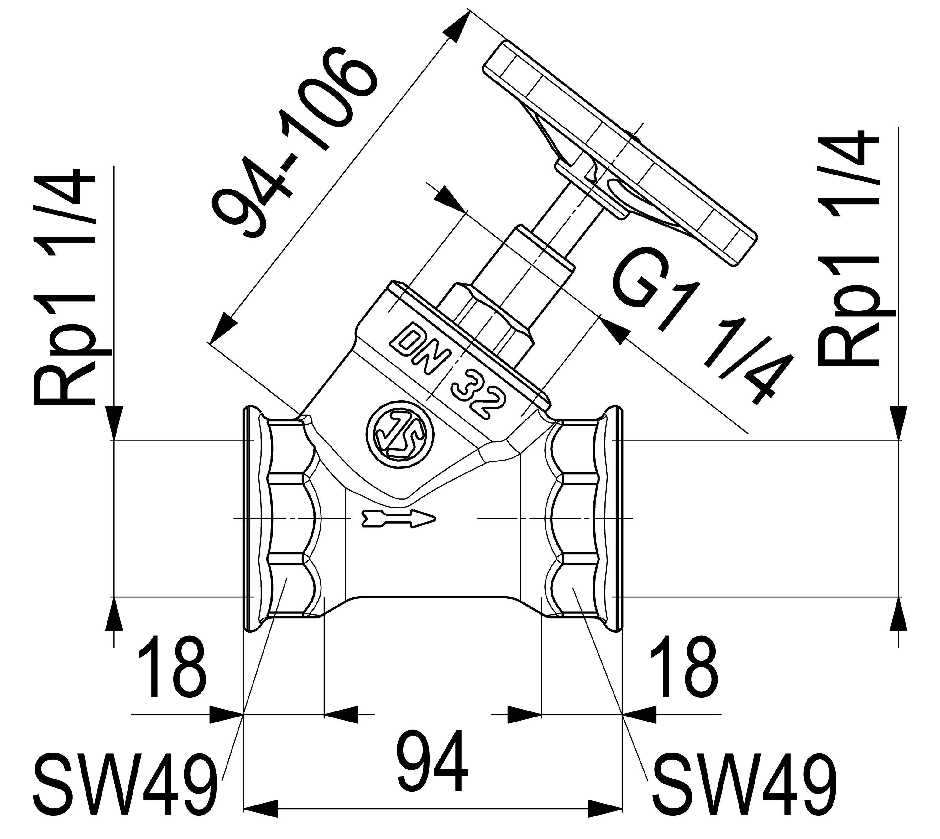 Schlösser Armaturen JS SCHRAEGSITZVENTIL,O.ENTLEERUNG STEIGENDE SPINDEL,DN32,IG