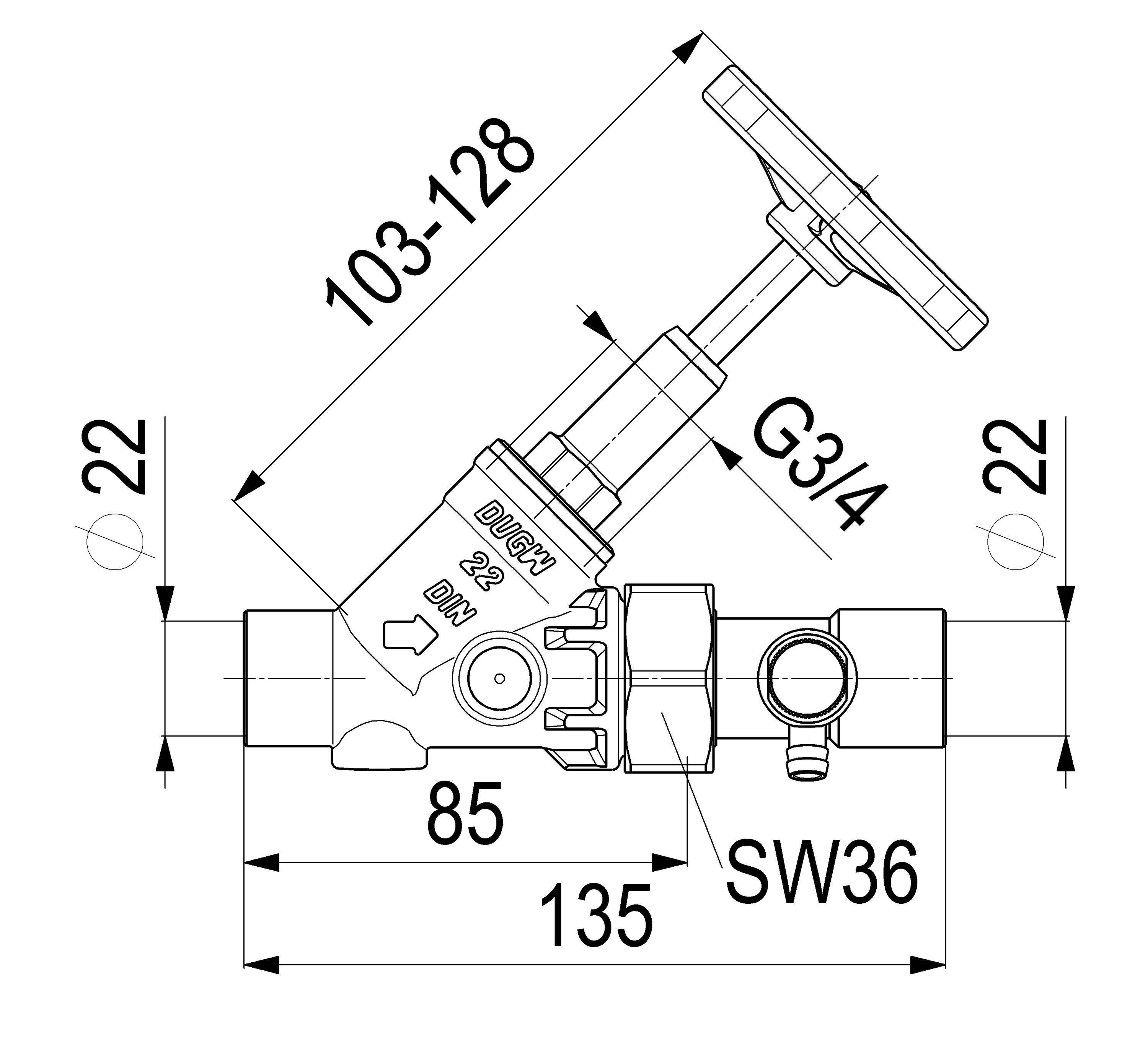 Schlösser Armaturen JS FREISTROMVENTIL, MIT ENTL. IN VSB AUSG.,ST.SP.,DN20,LOET2