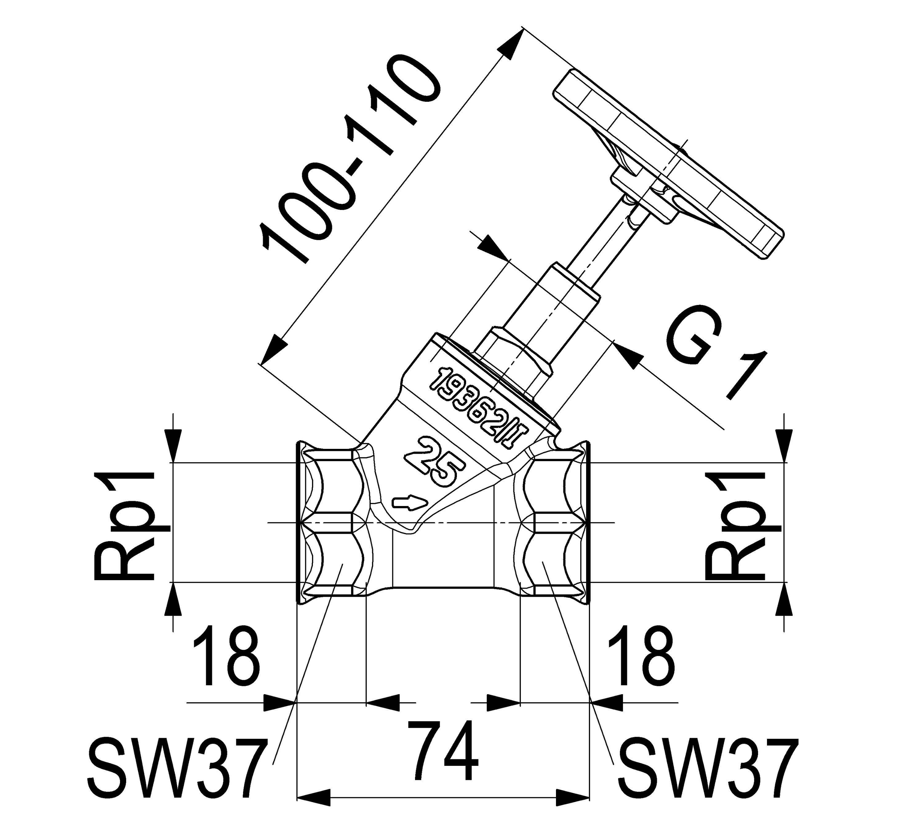 Schlösser Schrägsitzventil 1405 DN 25, Rp 1, o Entleer., steig. Spindel