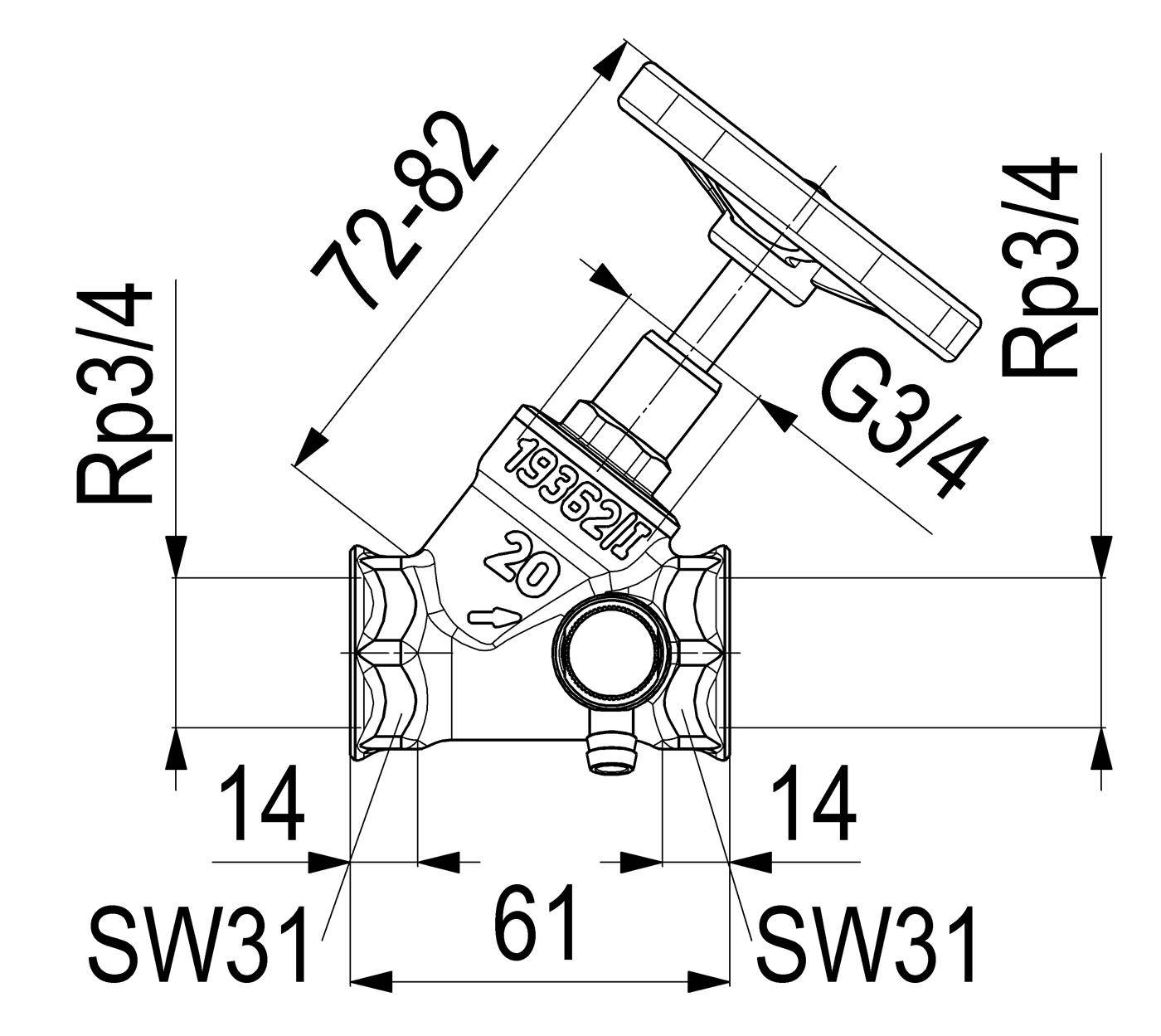 Schlösser Schrägsitzventil 1410 DN 20, Rp 3/4, m Entleer., steig. Spin.