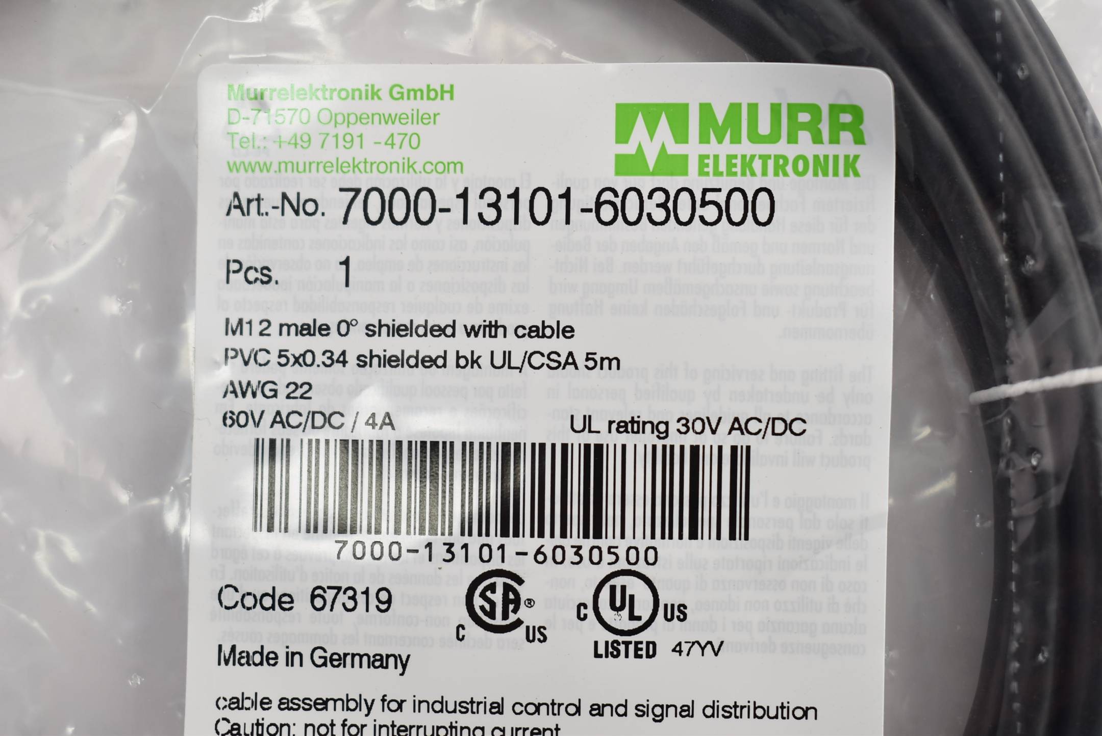 Murrelektronik M12 St 7000-13101-6030500 0° PVC sw UL/CSA 5m Industriematerial Ind-Schaltgeraete