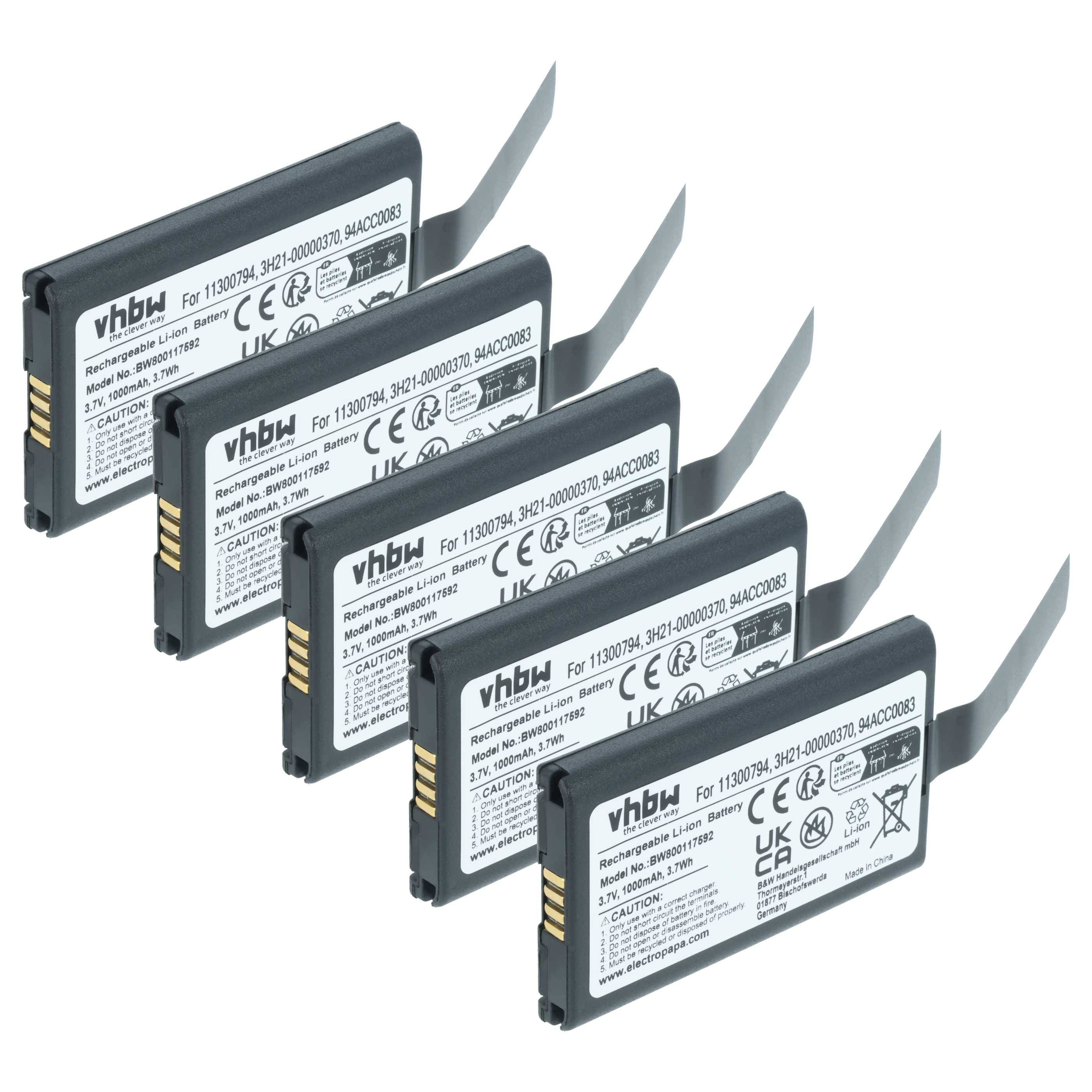 vhbw 5x Akku Ersatz für Datalogic 11300794, 3H21-00000370, 94ACC0083, 800065-56 für Barcodescanner POS (1000 mAh, 3,7 V