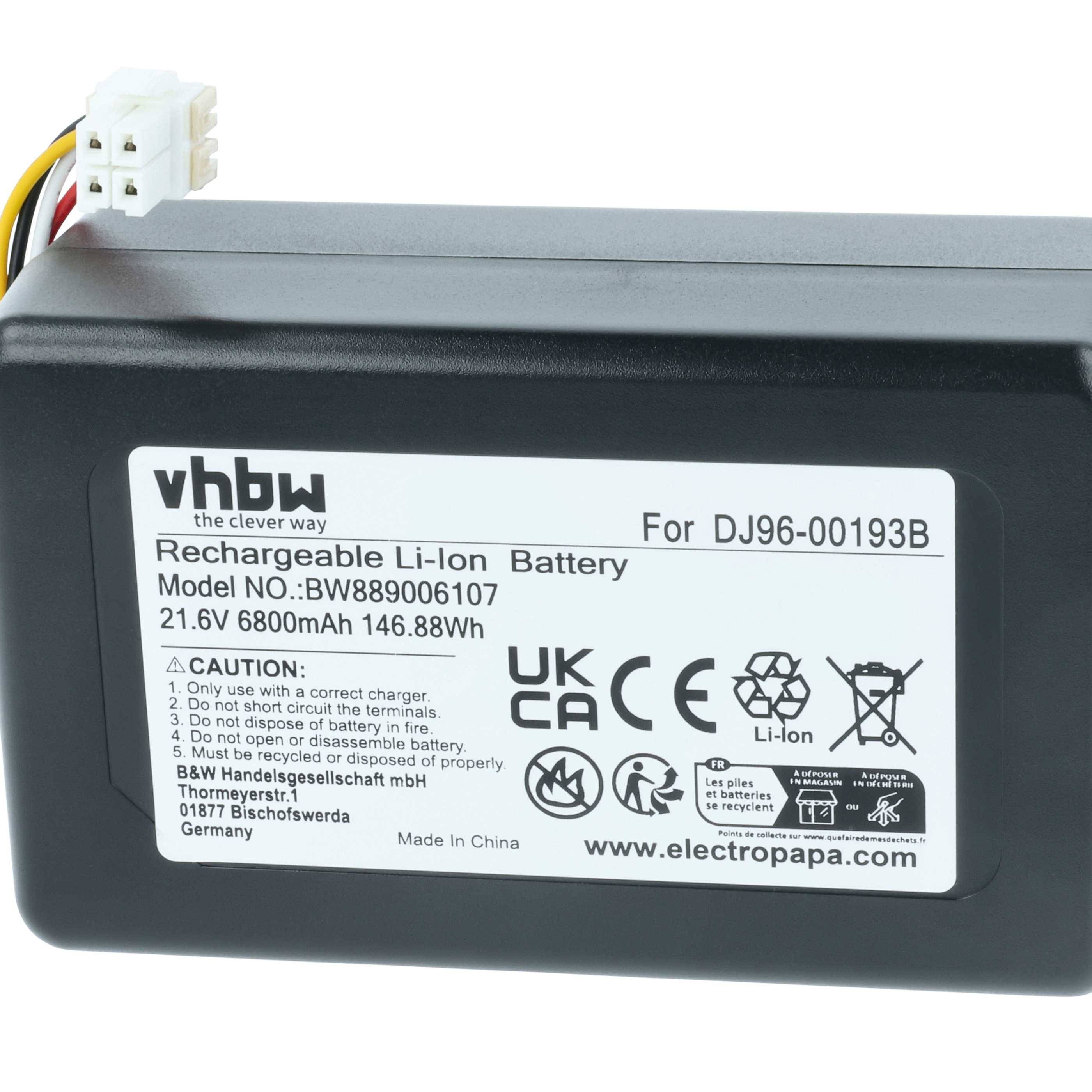 vhbw Akku kompatibel mit Samsung Powerbot VR20J9259UK/SW, VR20J9259UC/EG, VR20M7070WS/AX Saugroboter (6,8 Ah, 21,6 V