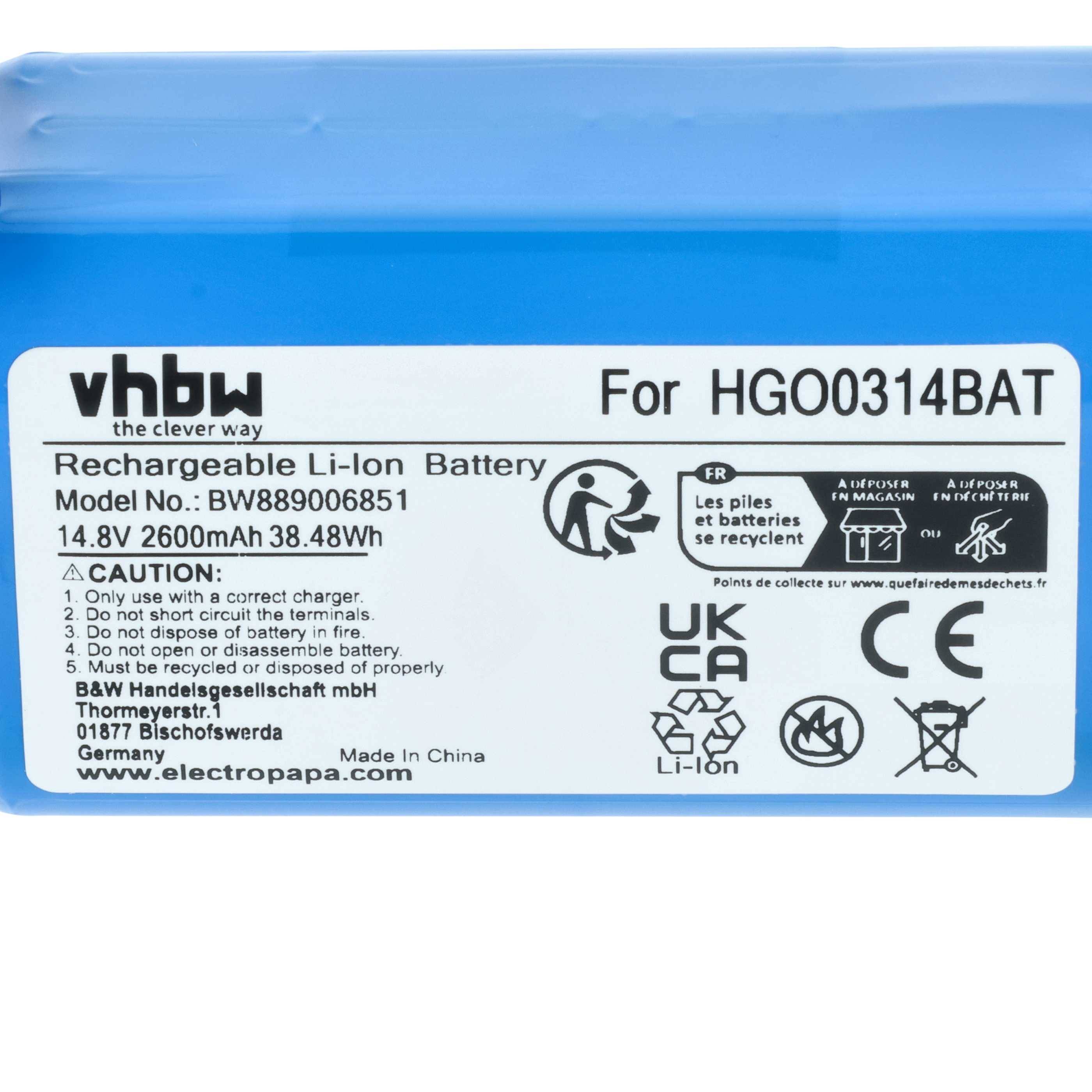 vhbw Akku kompatibel mit Hoover HGO310011, HGO31, HGO33, HGO32, HGO330HC011, HG0320H0011 Saugroboter (2,6 Ah, 14,8 V