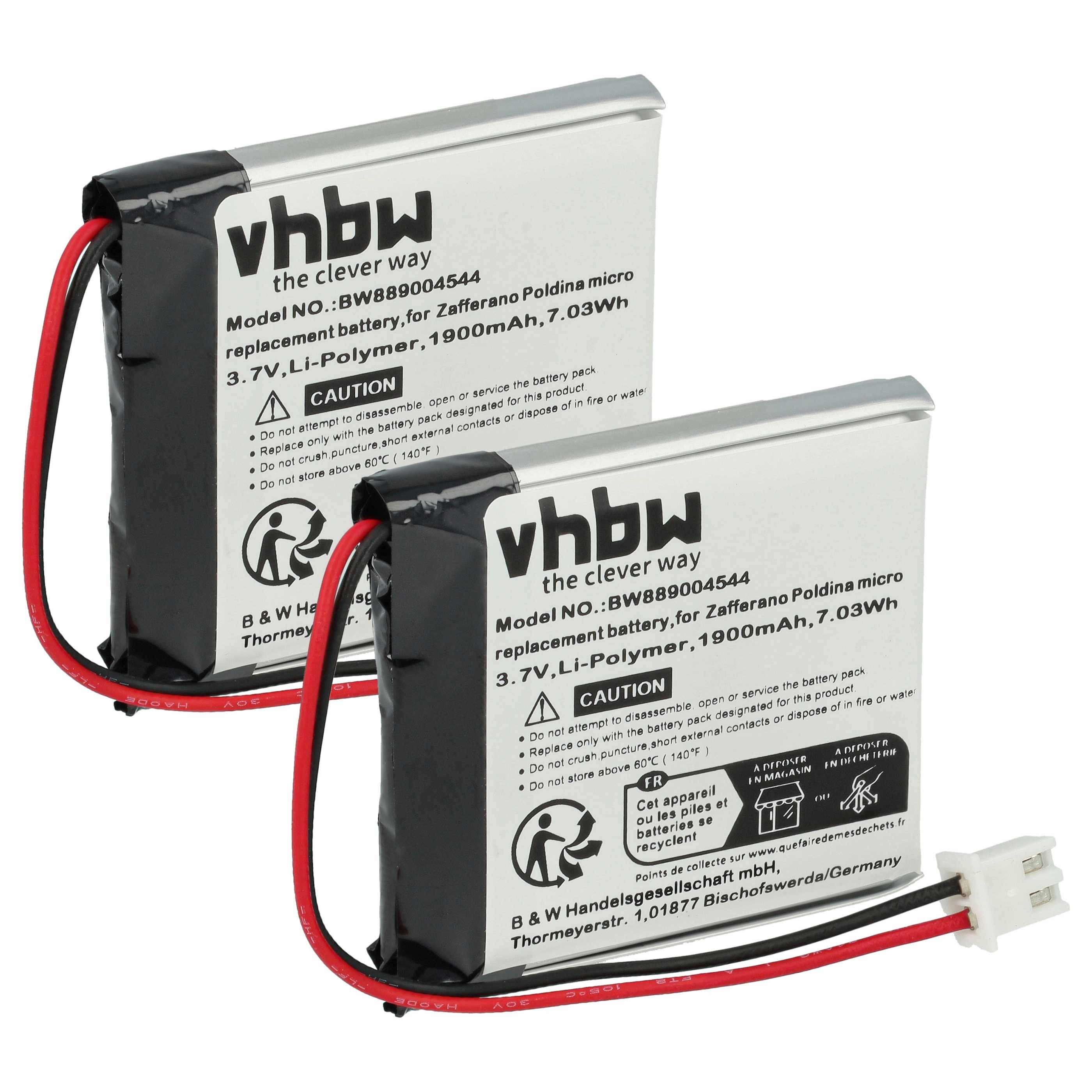 vhbw 2x Akku Ersatz für Zafferano BAT04704004001000 für Tischlampe, Nachttischlampe (1900 mAh, 3,7 V, Li-Polymer)