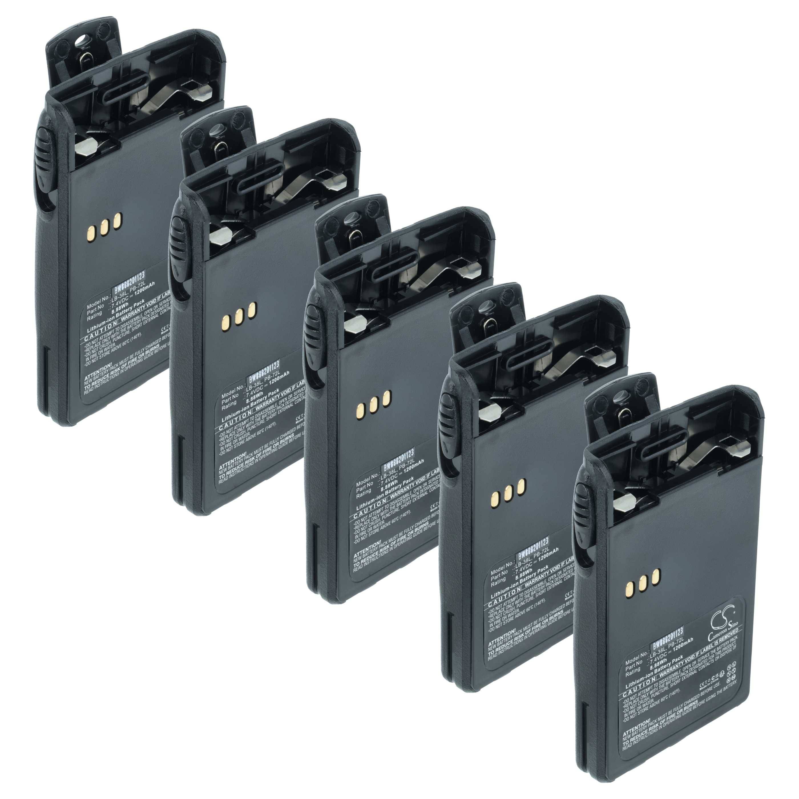 vhbw 5x Akku kompatibel mit Luiton LT-3268 Funkgerät, Walkie Talkie (1200 mAh, 7,4 V, Li-Ion) + Gürtelclip