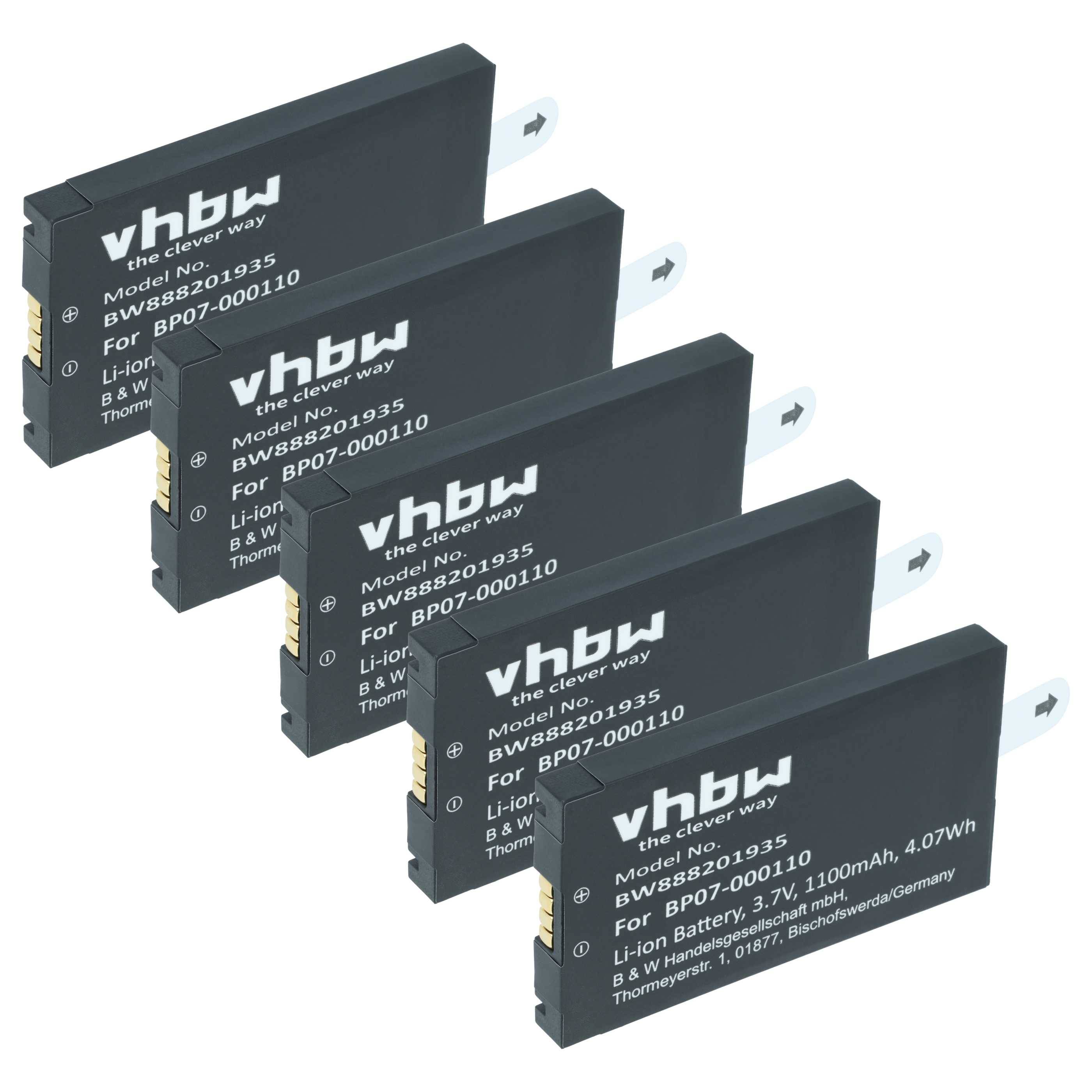 vhbw 5x Akku Ersatz für Wasp 63380892051 für Barcodescanner POS (1100 mAh, 3,7 V, Li-Ion)