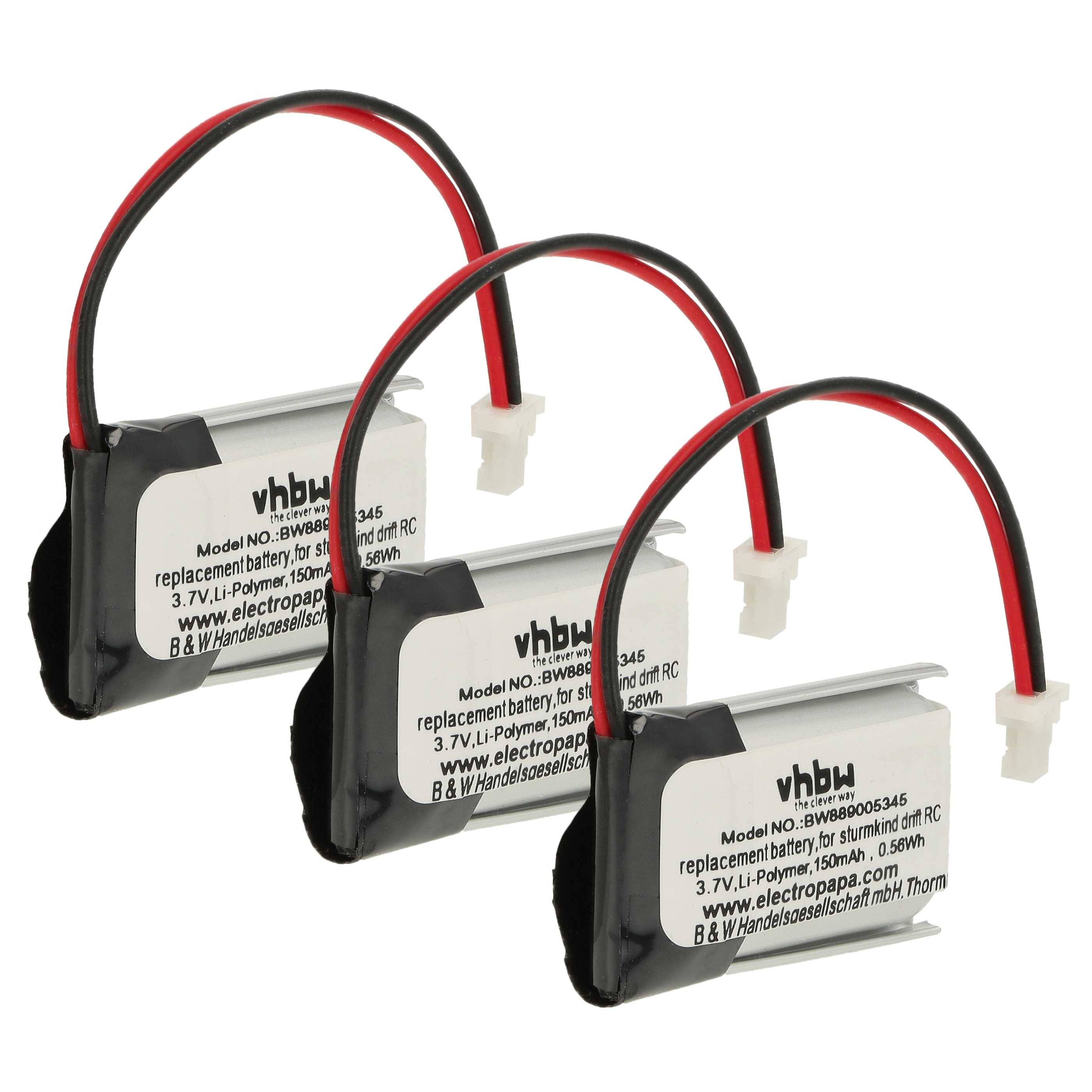 vhbw 3x Akku kompatibel mit Sturmkind DR!FT Modellbau (150mAh, 3,7V, Li-Polymer, Schwarz Silber, 15 x 19 x 8 mm