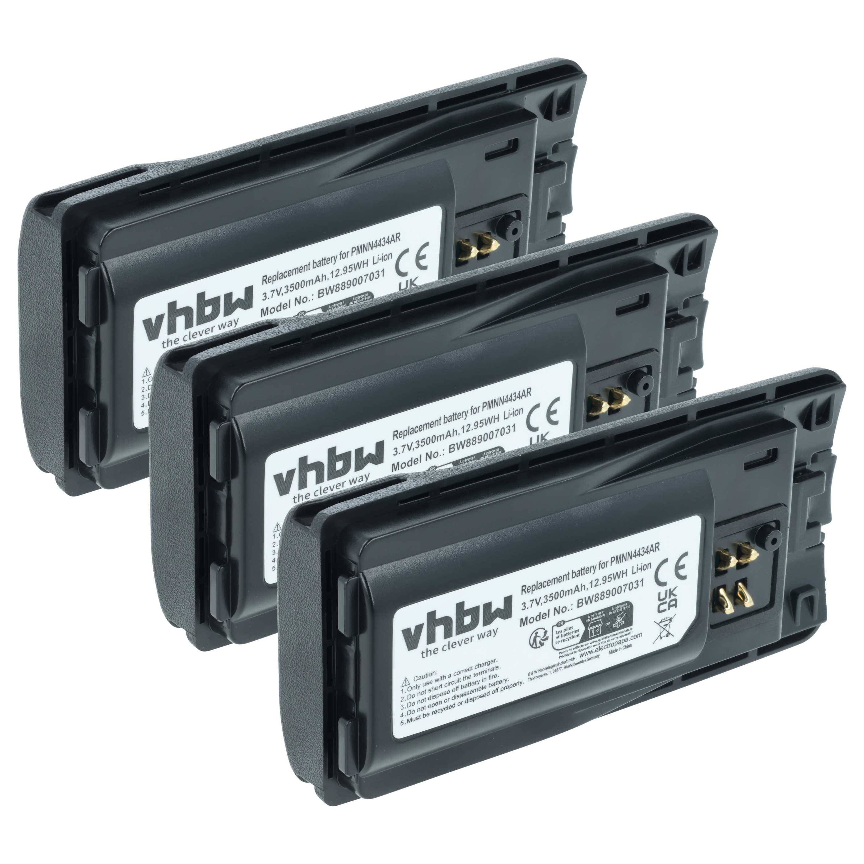 vhbw 3x Akku Ersatz für Motorola PMNN4453R, PMNN4453, PMNN4434AR für Funkgerät, Walkie Talkie (3500 mAh, 3,7 V, Li-Ion)