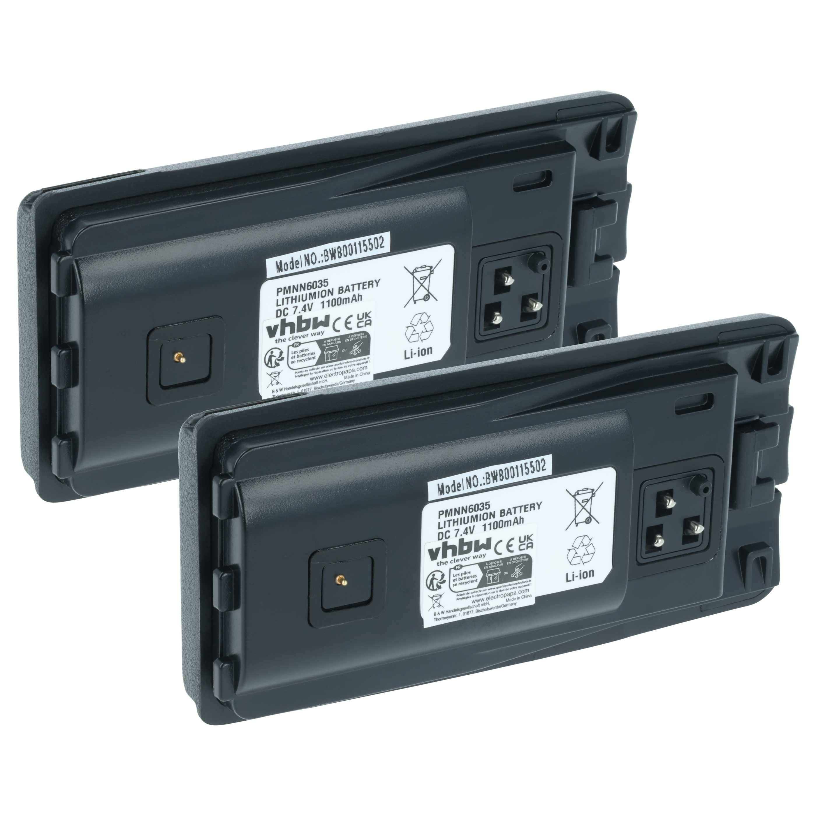 vhbw 2x Akku Ersatz für Motorola RLN6351A für Funkgerät, Walkie Talkie (1100 mAh, 7,4 V, Li-Ion) + Gürtelclip