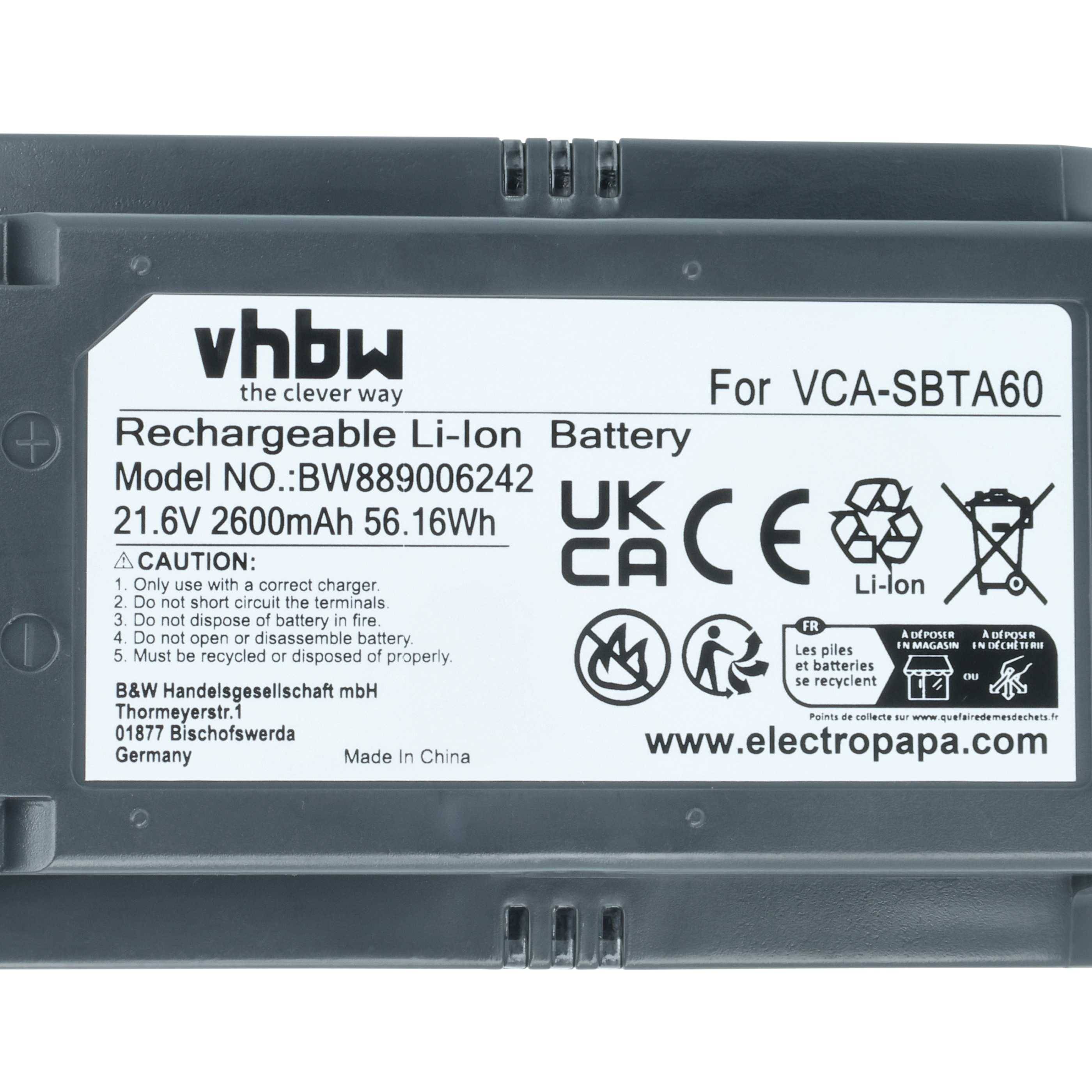 vhbw Akku Ersatz für Samsung 8806092219397, VCA-SBTA60 für Staubsauger (2,6 Ah, 21,6 V, Li-Ion)