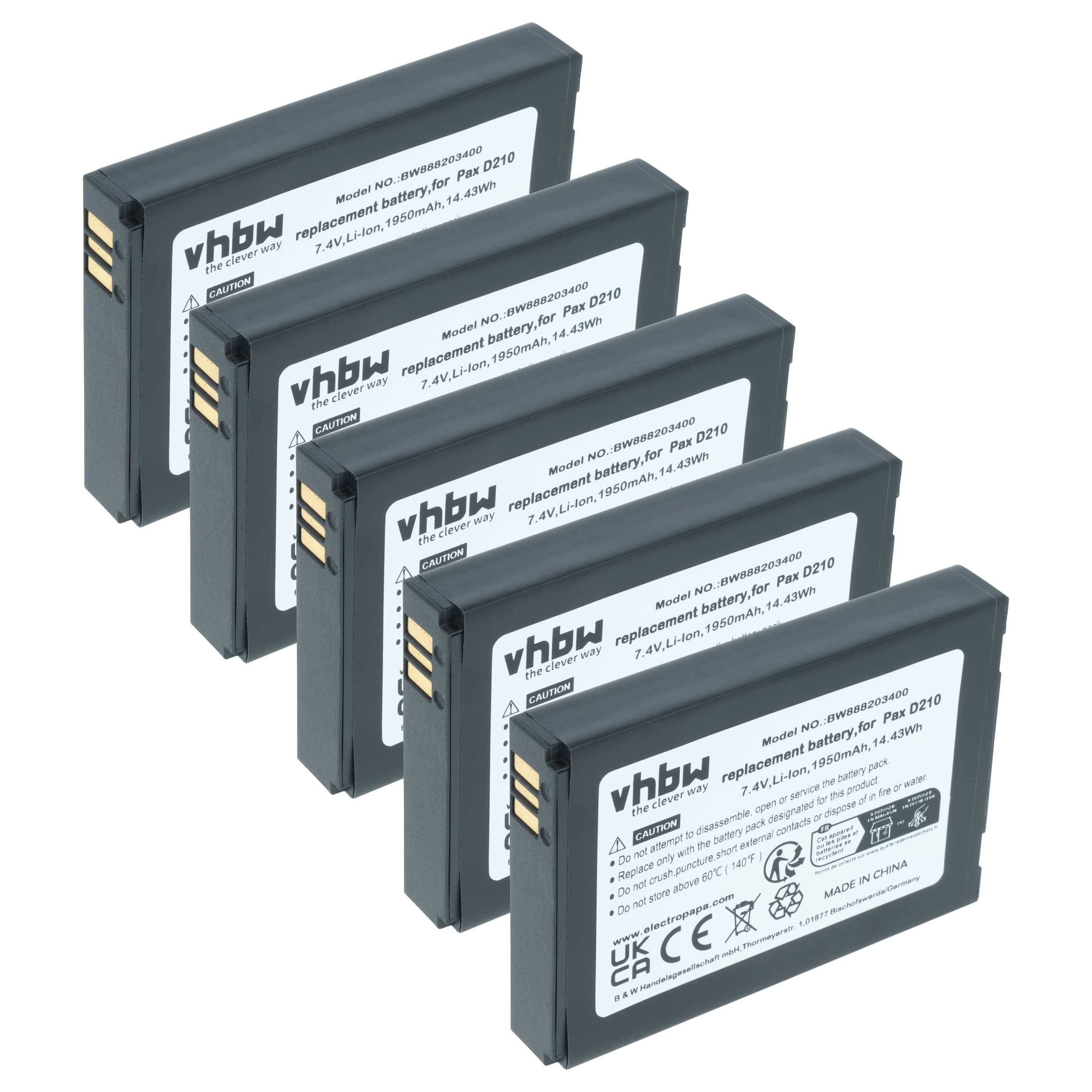 vhbw 5x Akku kompatibel mit Pax D210, D210 BlueTooth, D210 GPRS, myPOS D210 Wifi Barcodescanner POS (1750 mAh, 7,4 V
