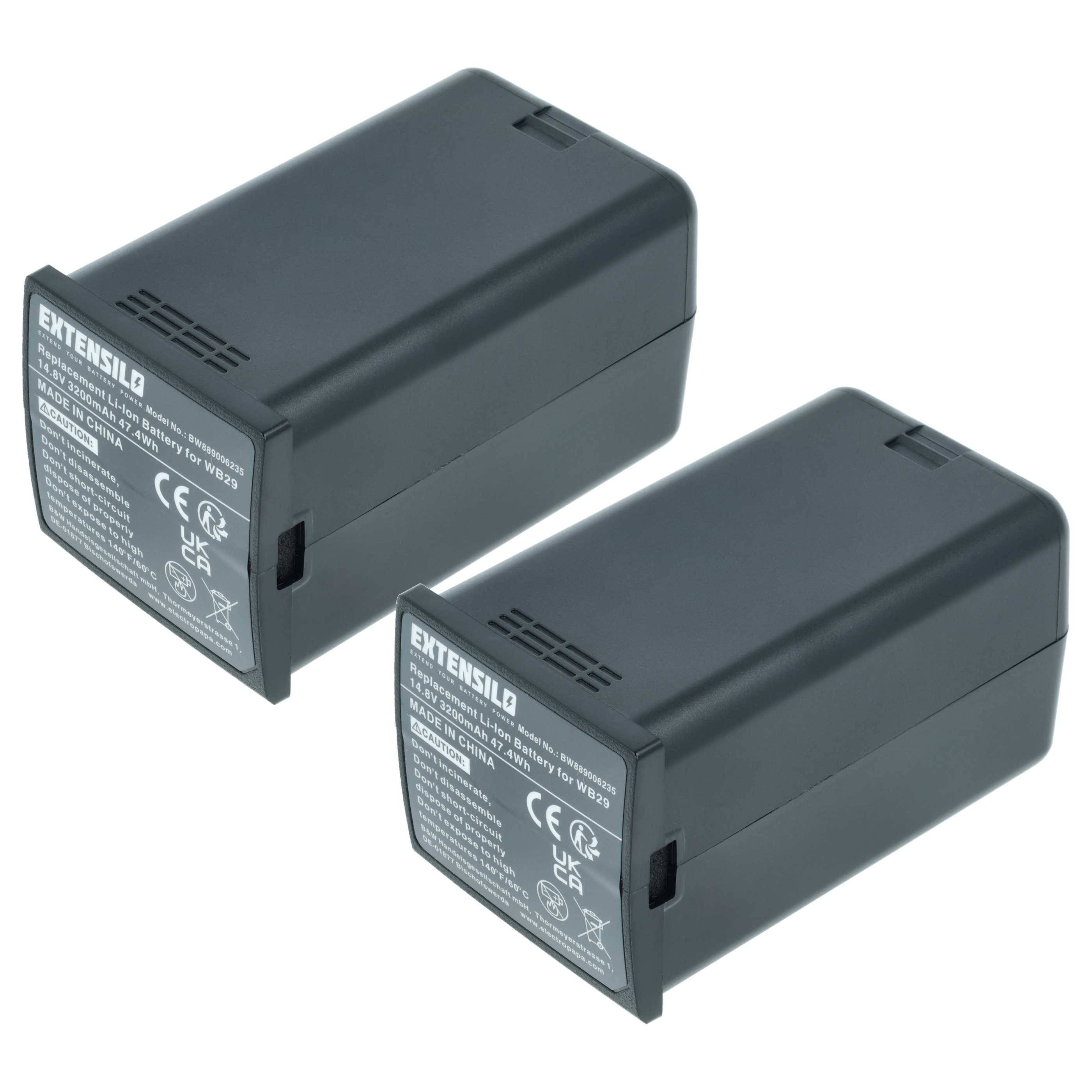 EXTENSILO 2x Akku kompatibel mit Godox WB300P | AD200, AD200pro, AD300 Pro Flash Blitzgerät, Kamera-Blitz (3200 mAh, 14