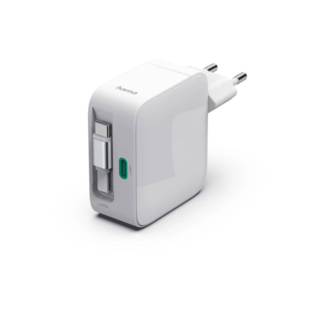 Hama Schnellladegerät, GaN, 2x USB-C, ausziehbares Ladekabel, PD, 65 W, Weiß (00200025)
