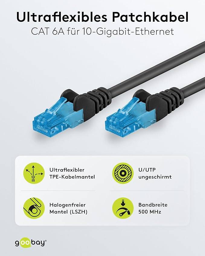 Goobay 79246 CAT 6A ultraflexibles Netzwerkkabel / Patchkabel, Ethernet bis 10 Gbit/s, LAN Kabel U/UTP, 30 m, Schwarz