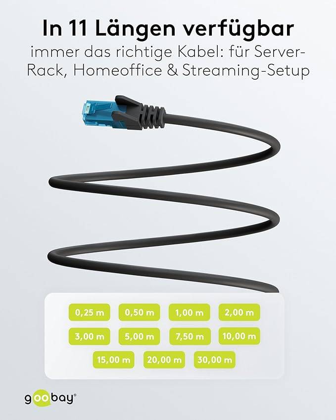 Goobay 79246 CAT 6A ultraflexibles Netzwerkkabel / Patchkabel, Ethernet bis 10 Gbit/s, LAN Kabel U/UTP, 30 m, Schwarz