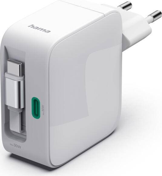 hama 00201956 Schnellladegerät, GaN, 2x USB-C, ausziehbares Ladekabel, PD, 30 W, Weiß