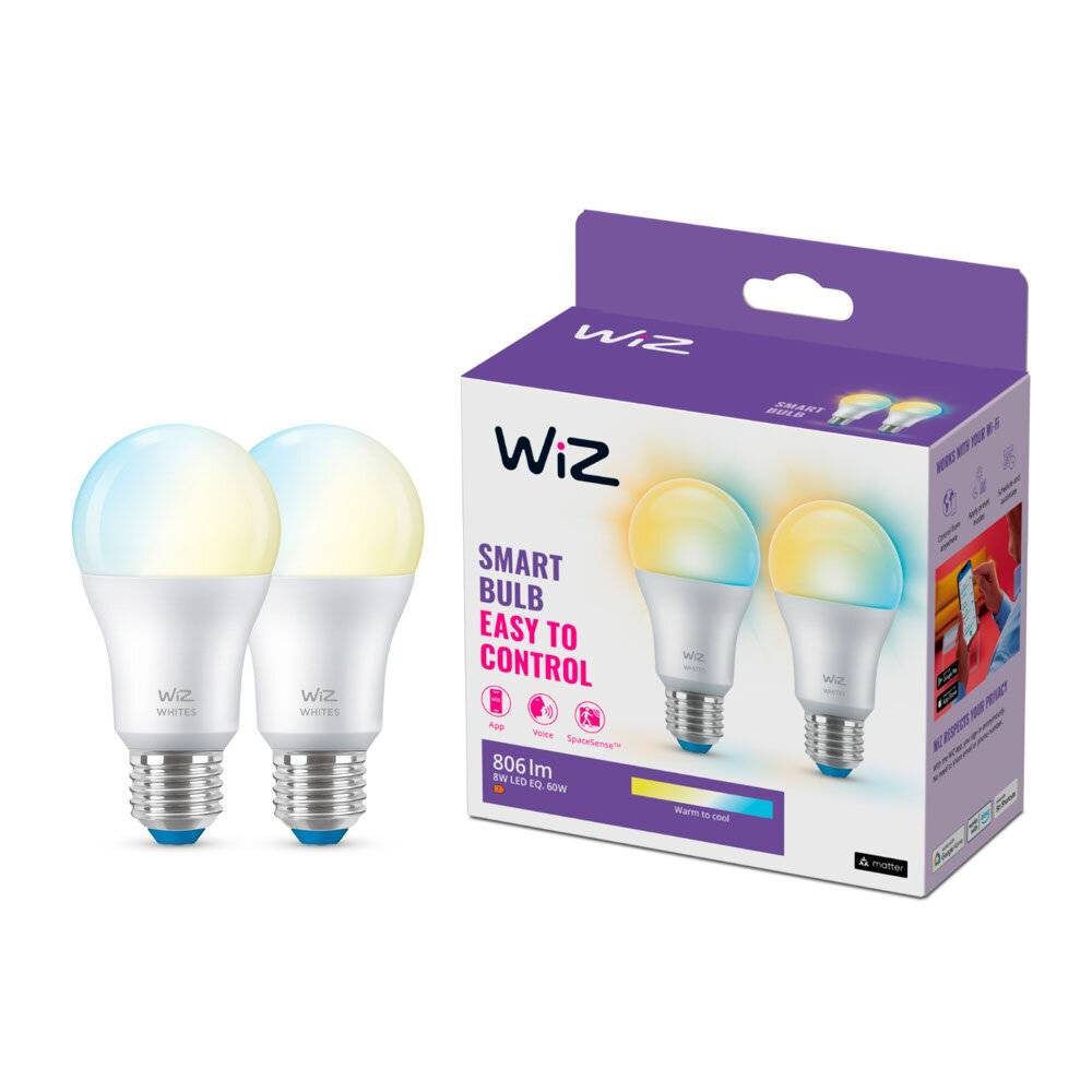 Doppelpack 2x WiZ Smart LED E27 Birne Matt 8W 806lm | Höchste Farbwiedergabe - Dimmbar - Ersatz F