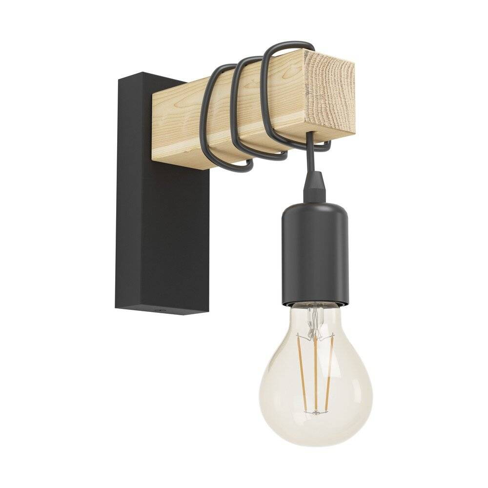 Eglo Wandleuchte Townshend Stahl Holz Schwarz Braun | IP20 - Geeignet für 1x E27