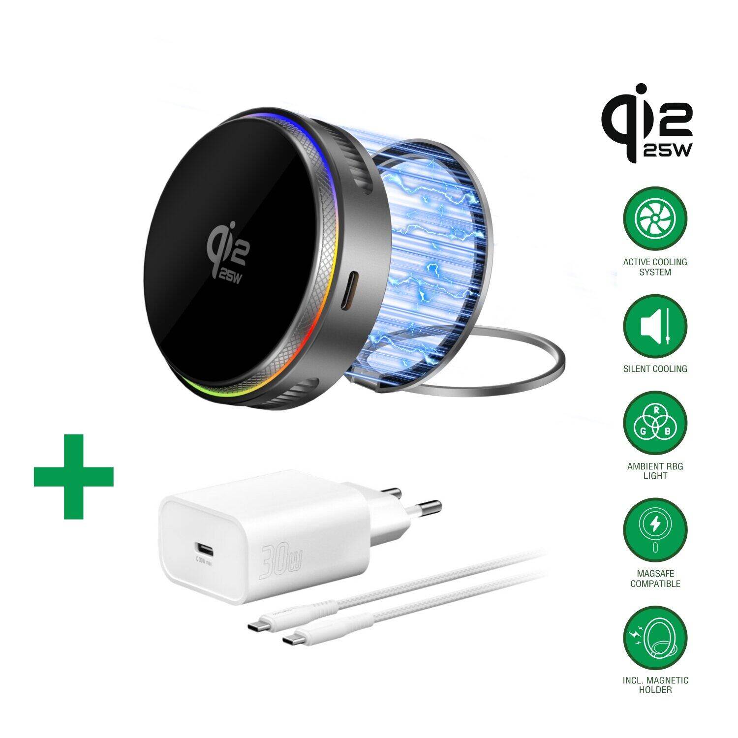 4smarts Qi2 25W / MagSafe Ladegerät-Set mit Kühlung, RGB -grau (541761)