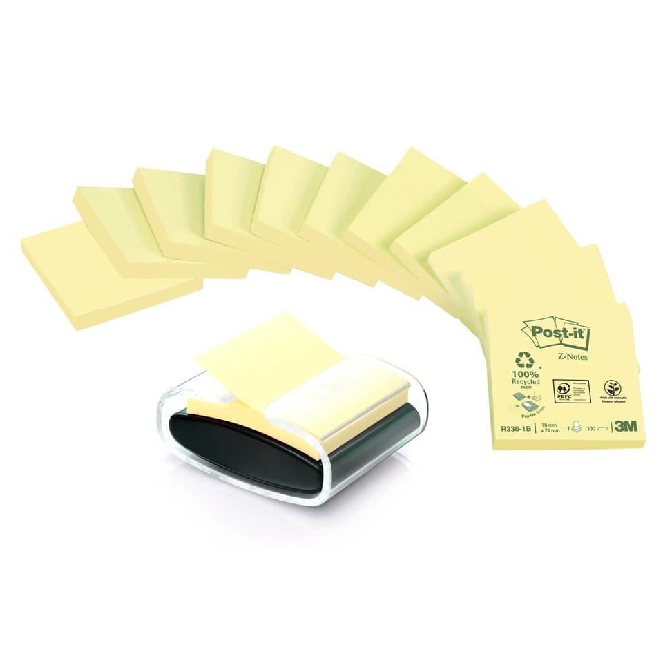 Haftnotizspender Z-Notes Recycling, inkl. 12 Blöcke Recycling Z-Notes, 76 x 76 mm, gelb POST-IT C2014Y12