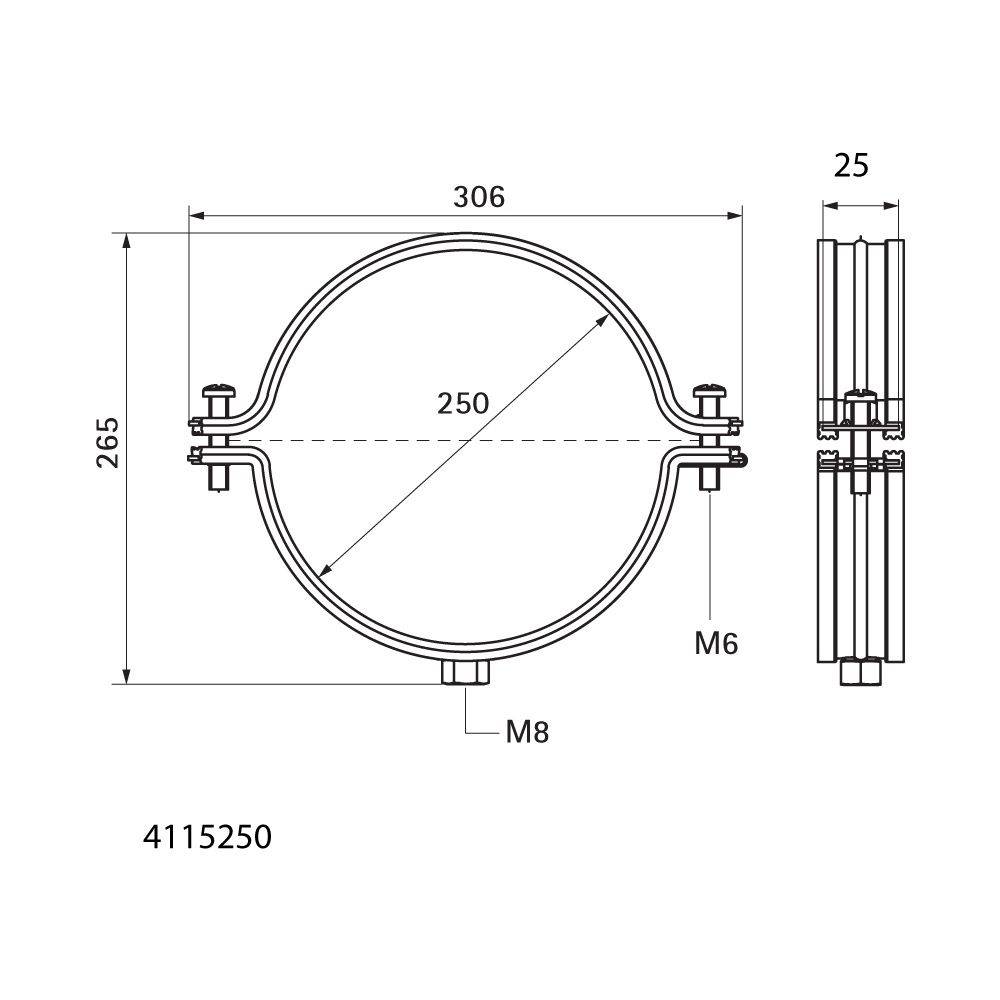 Walraven Aero Lüftungsschelle 250mm M8, fixierte TPE-Schallschutzeinlage, Stahl sendzimirverzinkt