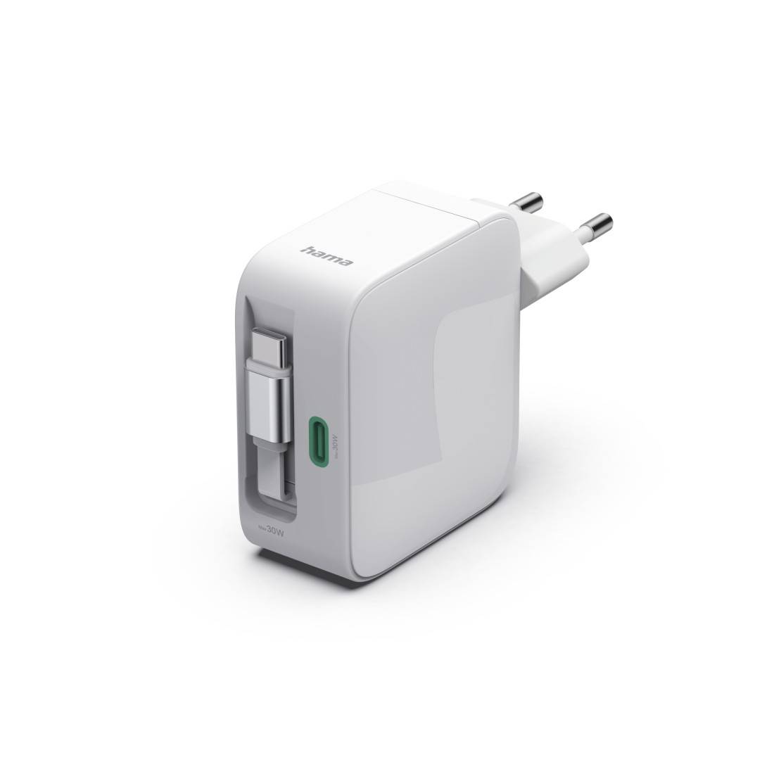 hama 00201956 Schnellladegerät, GaN, 2x USB-C, ausziehbares Ladekabel, PD, 30 W, Weiß