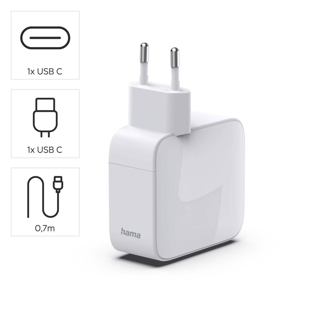 hama 00201956 Schnellladegerät, GaN, 2x USB-C, ausziehbares Ladekabel, PD, 30 W, Weiß