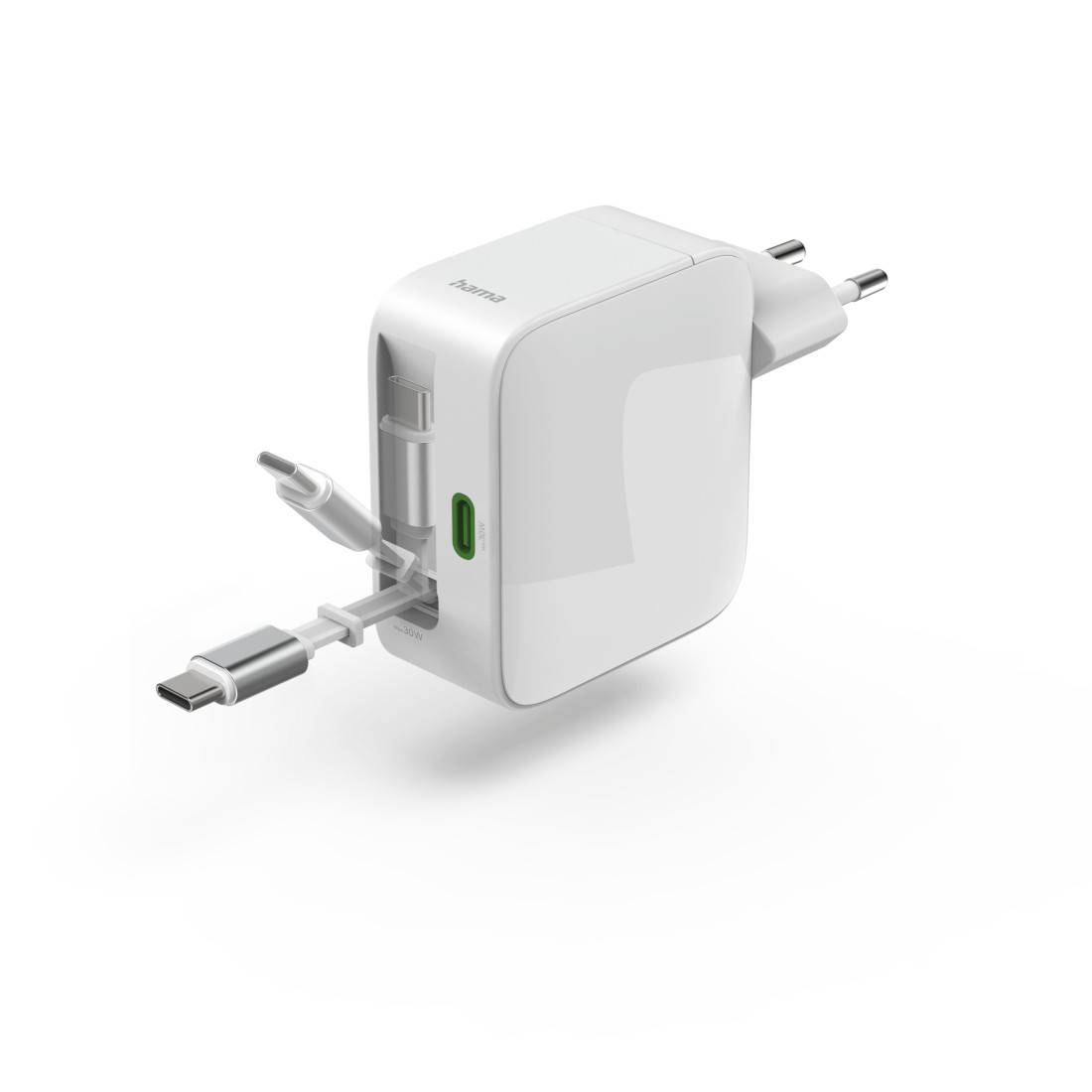 hama 00201956 Schnellladegerät, GaN, 2x USB-C, ausziehbares Ladekabel, PD, 30 W, Weiß