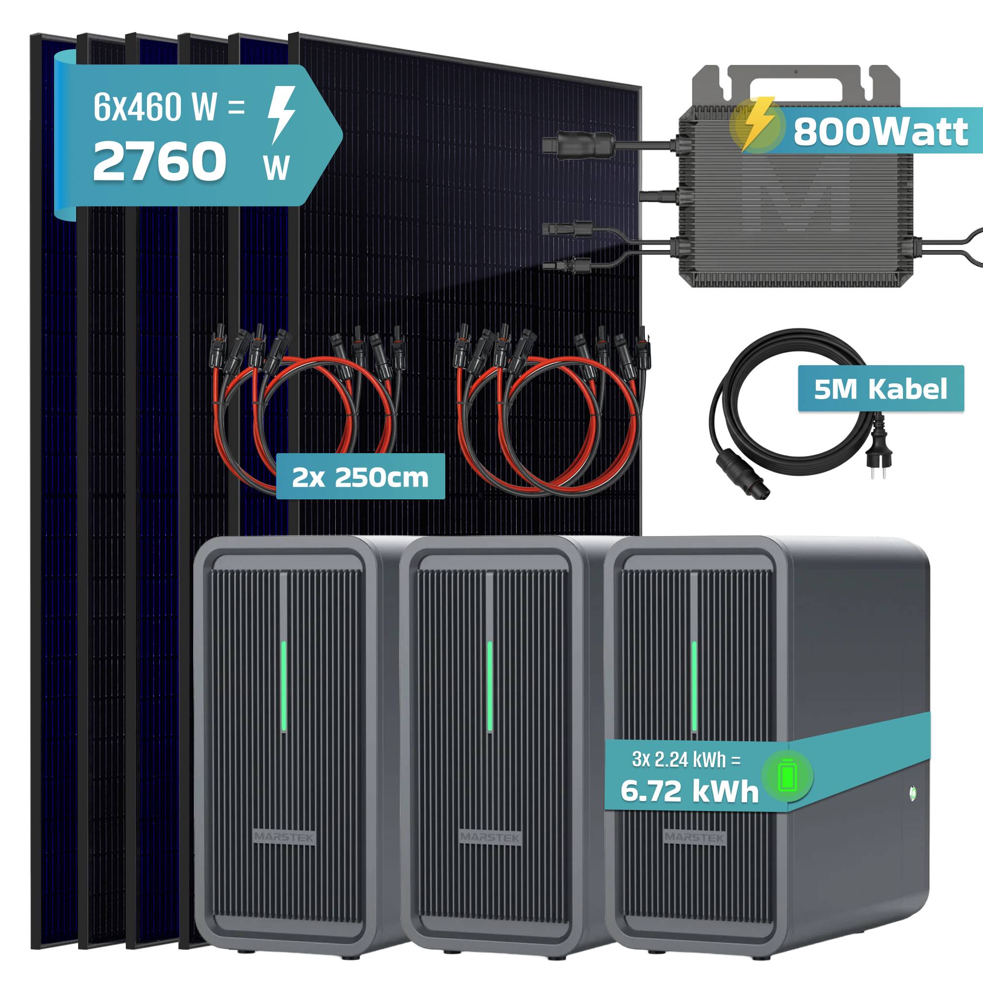 Balkonkraftwerk 2760 / 800 Watt mit Marstek B2500-D 6.72 kWh Solarspeicher, BIFAZIAL FULLBLACK komplett Steckdose