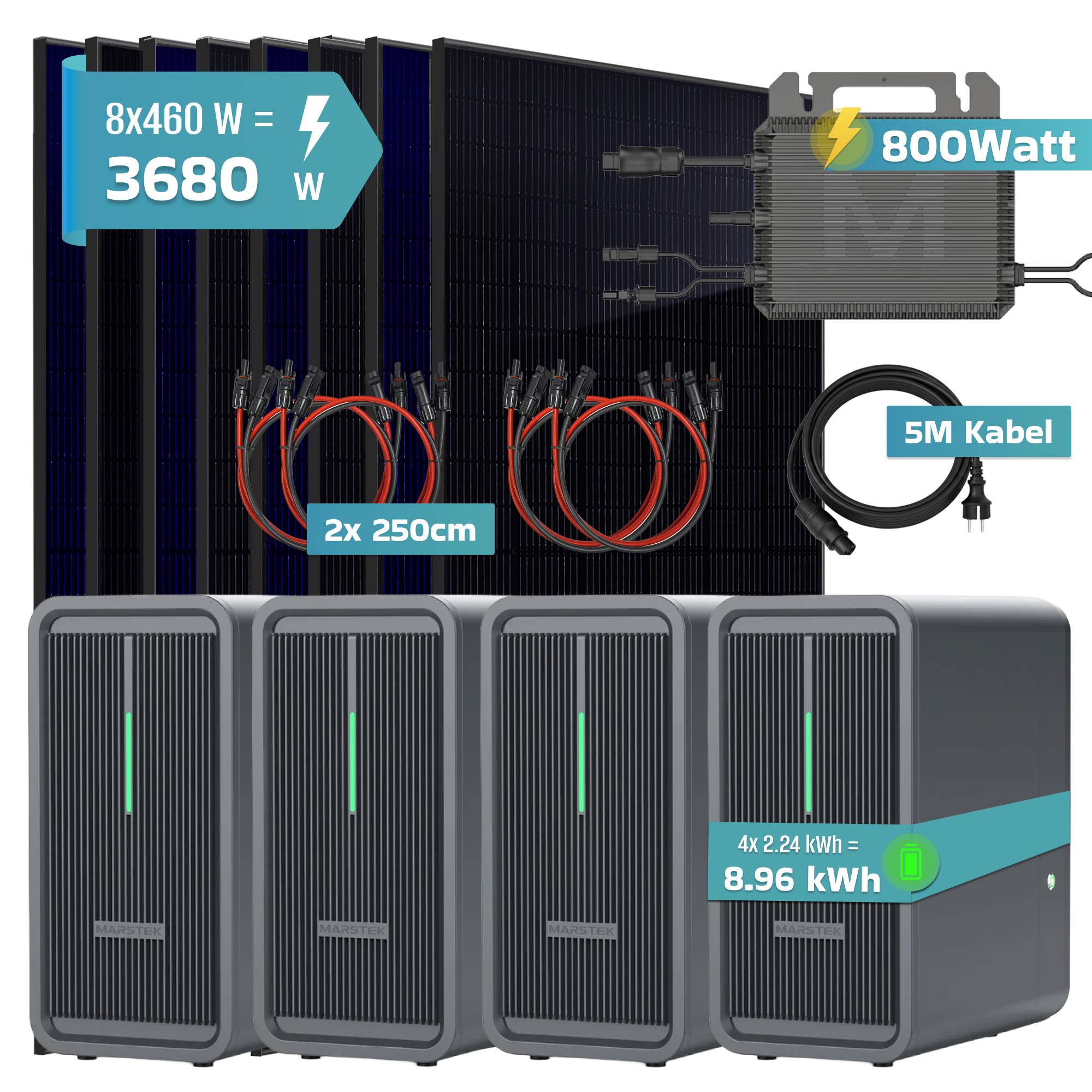 Balkonkraftwerk 3680 / 800 Watt mit Marstek B2500-D 8.96 kWh Solarspeicher, BIFAZIAL FULLBLACK komplett Steckdose