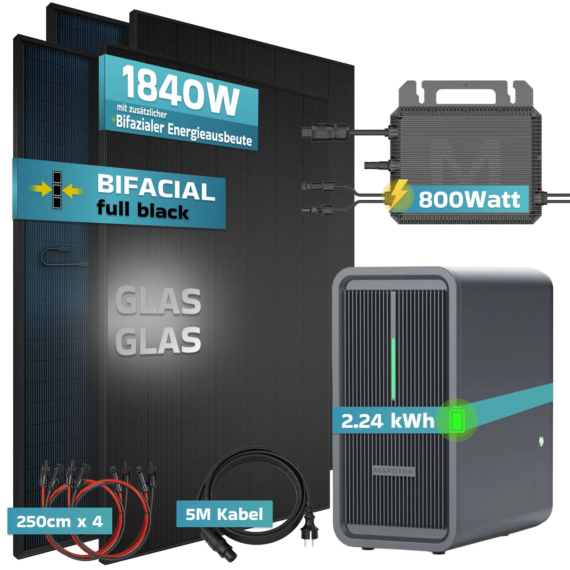 Balkonkraftwerk 1840 / 800 Watt mit Marstek B2500-D 2.24 kWh Solarspeicher, BIFAZIAL FULLBLACK komplett Steckdose