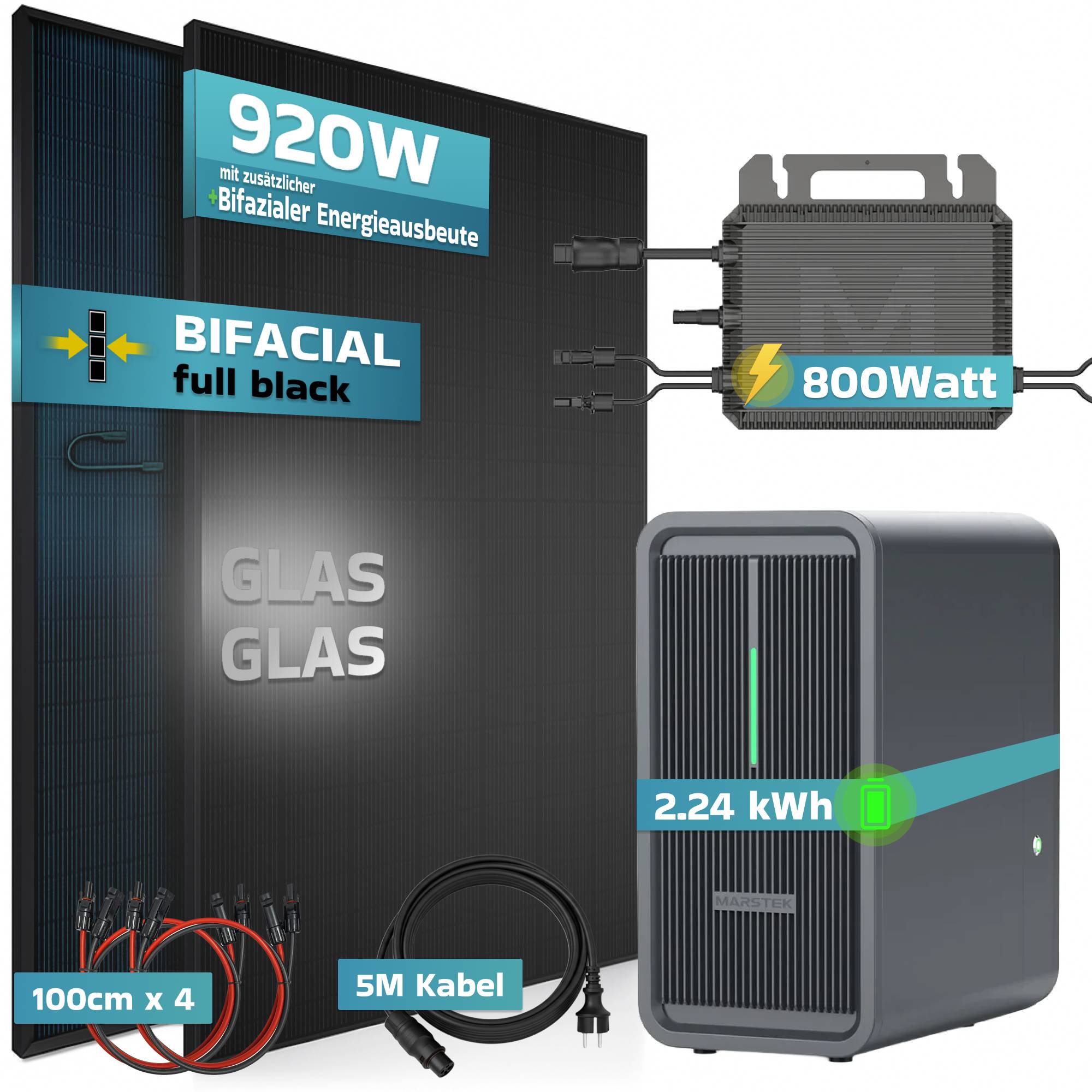 Balkonkraftwerk 920 / 800 Watt mit Marstek B2500-D 2.24 kWh Solarspeicher, BIFAZIAL FULLBLACK komplett Steckdose
