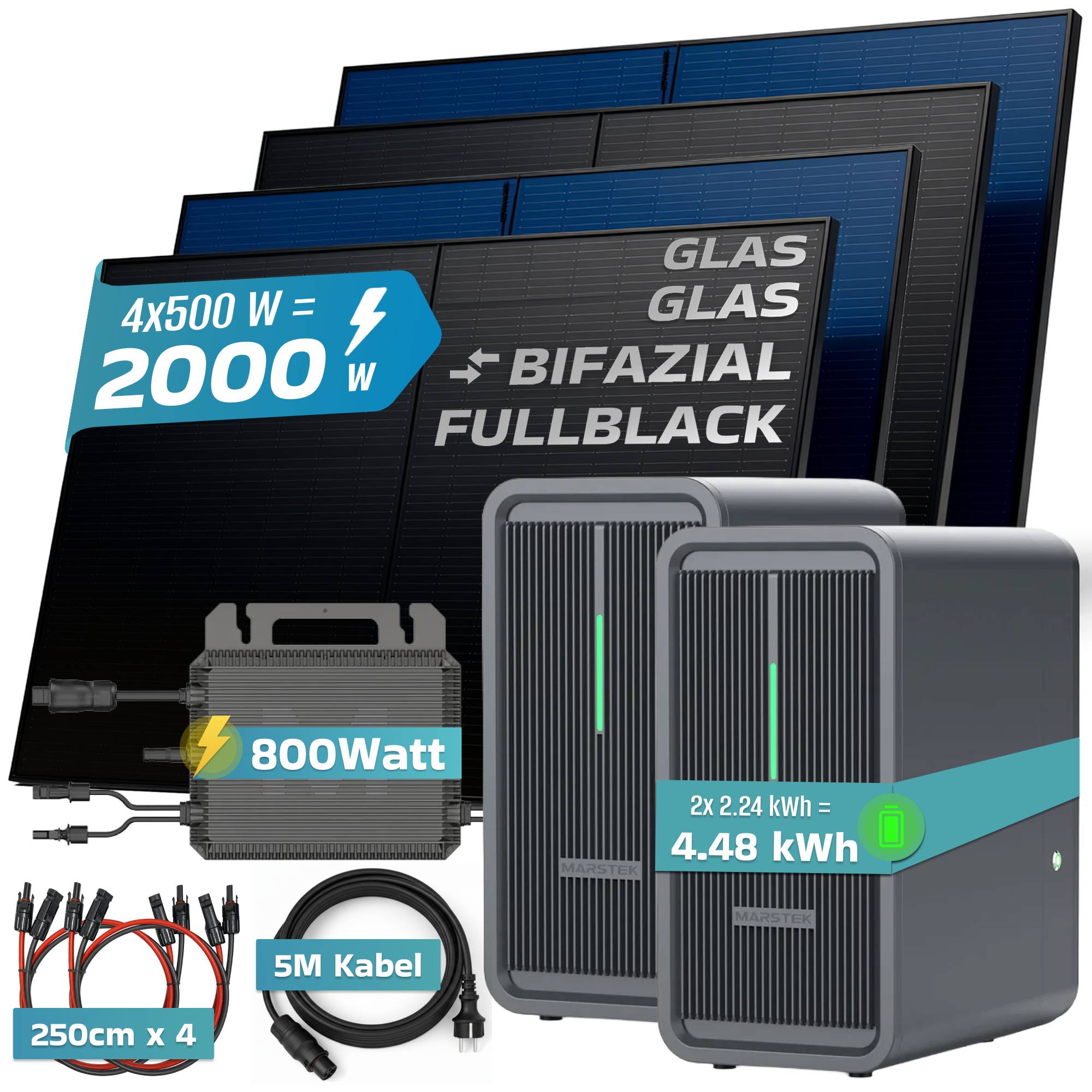 Balkonkraftwerk 2000 / 800 Watt mit Marstek B2500-D 4.48 kWh Solarspeicher, BIFAZIAL FULLBLACK komplett Steckdose