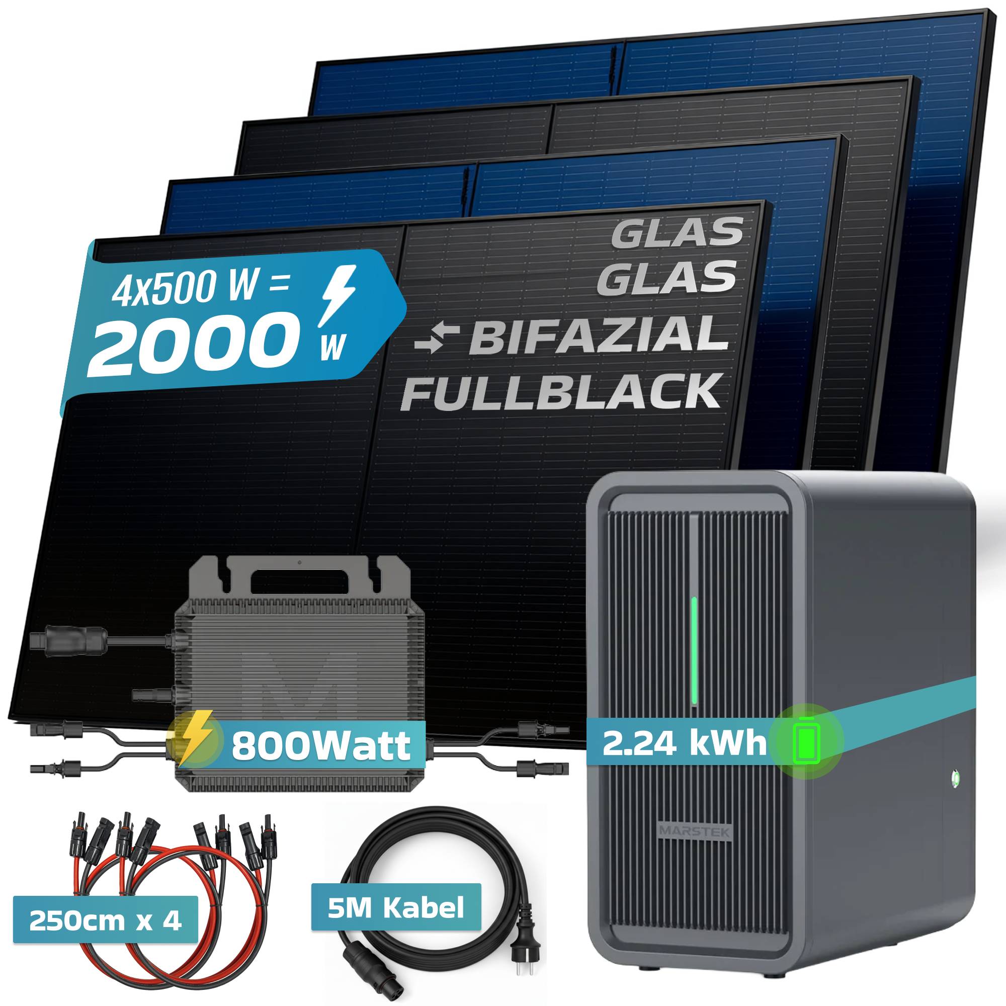 Balkonkraftwerk 2000 / 800 Watt mit Marstek B2500-D 2.24 kWh Solarspeicher, BIFAZIAL FULLBLACK komplett Steckdose