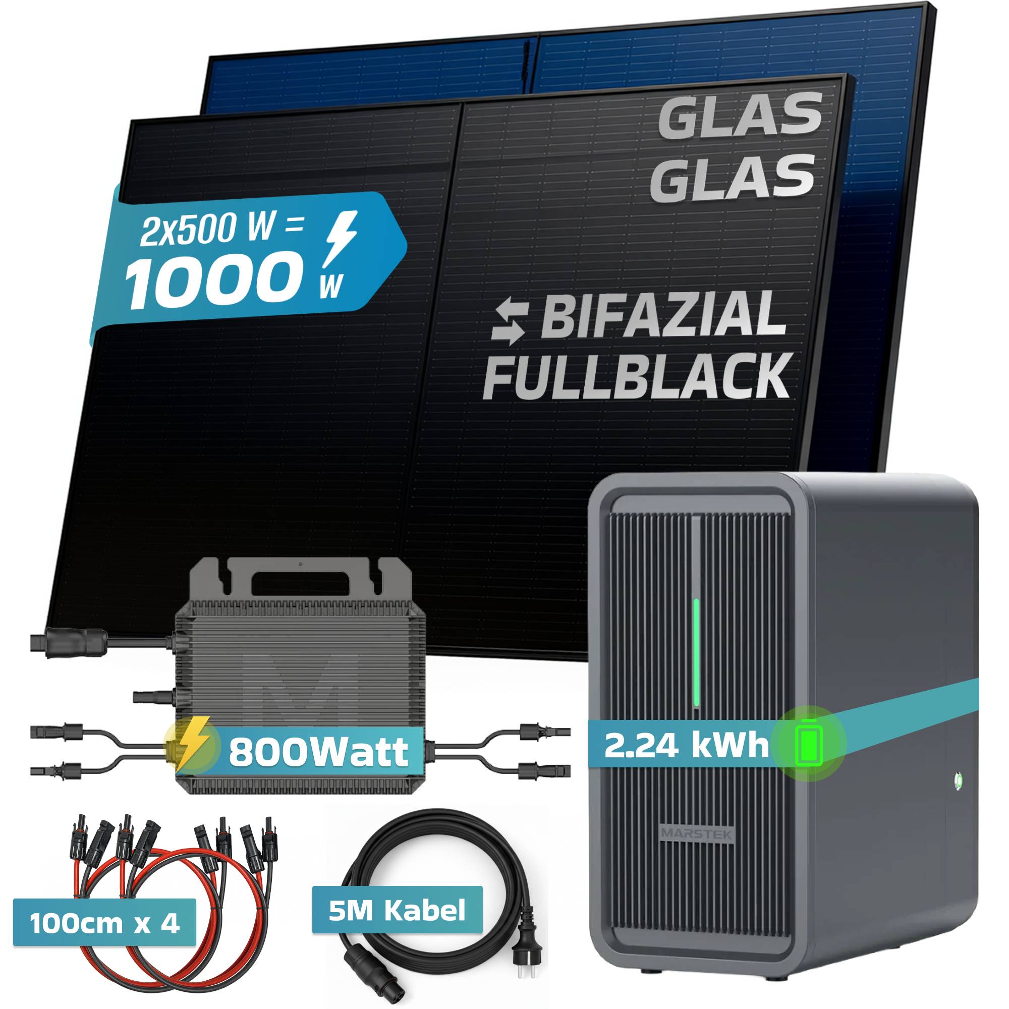 Balkonkraftwerk 1000 / 800 Watt mit Marstek B2500-D 2.24 kWh Solarspeicher, BIFAZIAL FULLBLACK komplett Steckdose