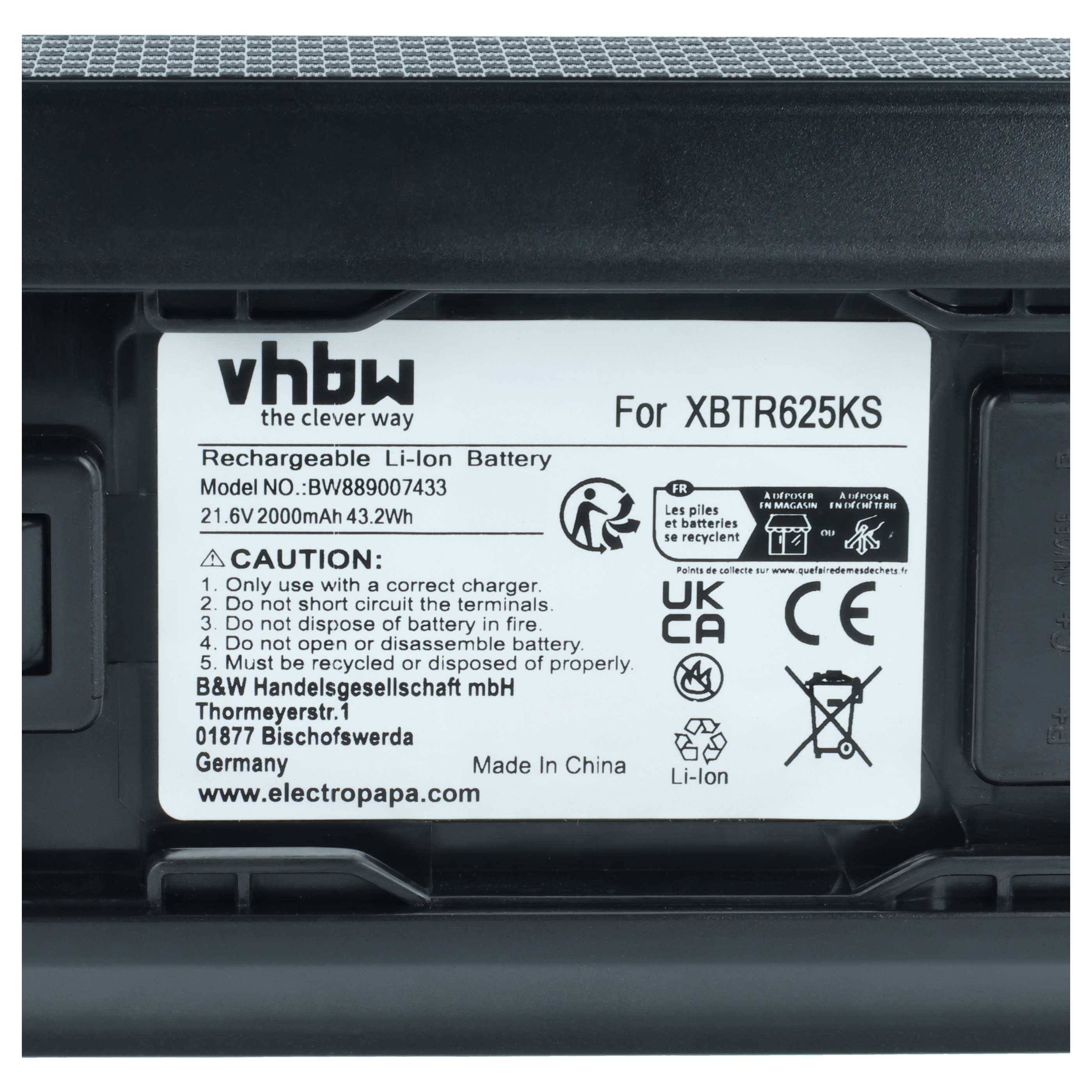 vhbw Akku kompatibel mit Shark IW3511, IW3611EU, IW3615 Staubsauger Schwarz (2000 mAh, 21,6 V, Li-Ion)