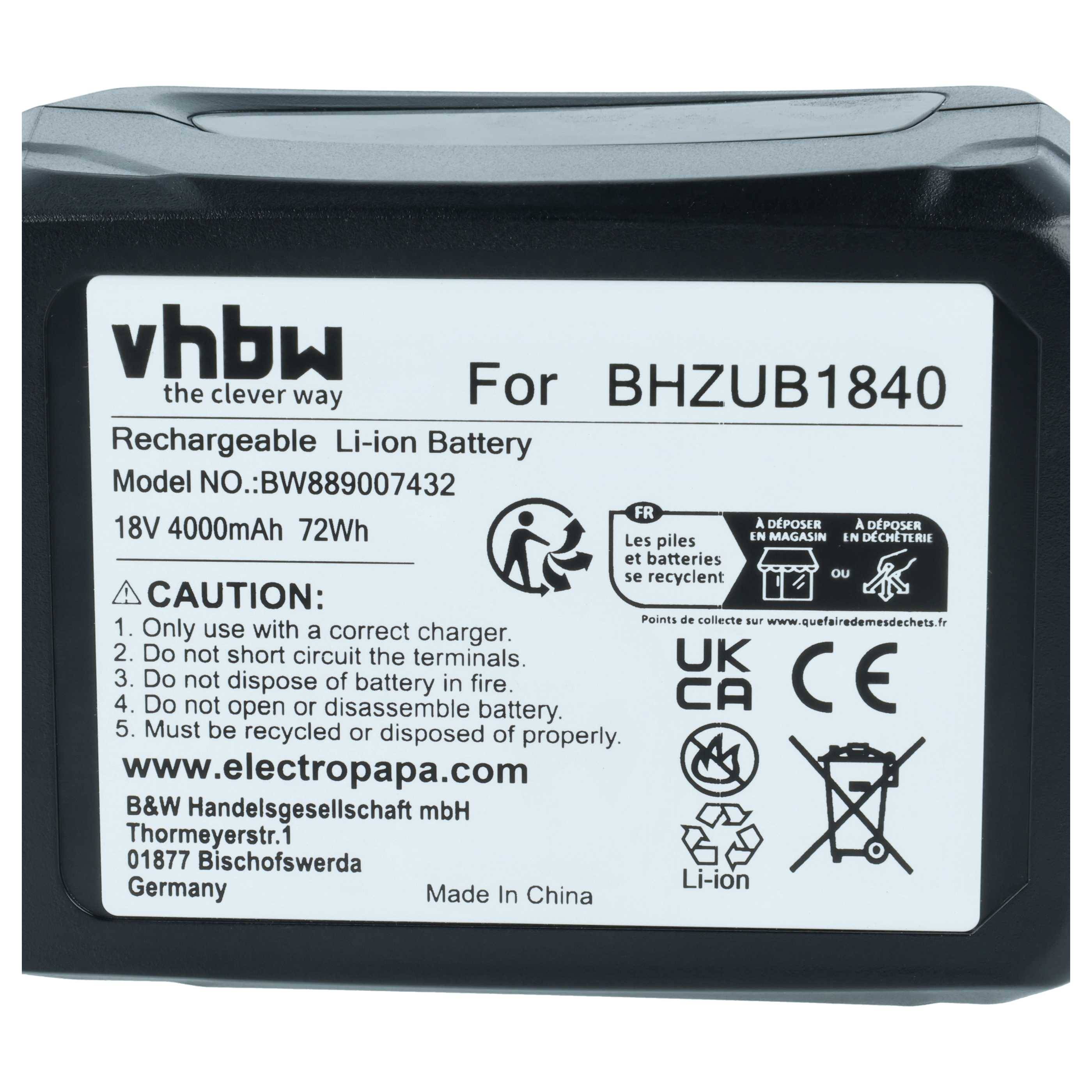 vhbw Akku Ersatz für Bosch BHZUB1840 für Staubsauger Schwarz (4000 mAh, 18 V, Li-Ion)